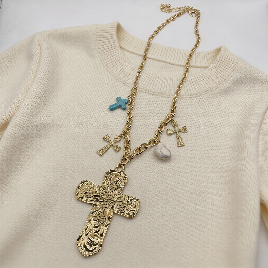 Collar vintage con cruz tótem y turquesa | Cadena gruesa de oro y plata para mujer