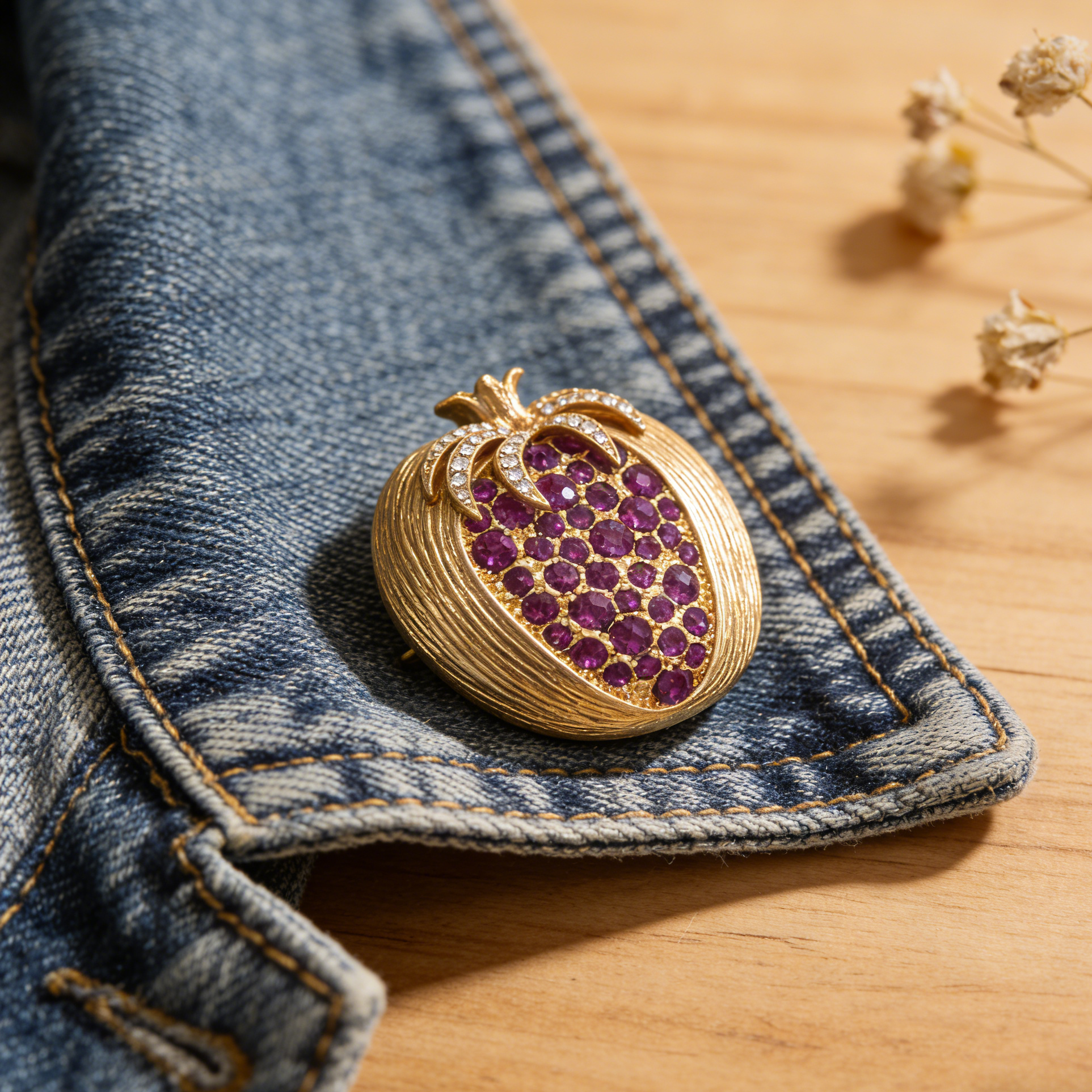 JI JEWELLERY Broche de granada vintage original, acessório de luxo para casaco e fato com zircónias roxas e vermelhas
