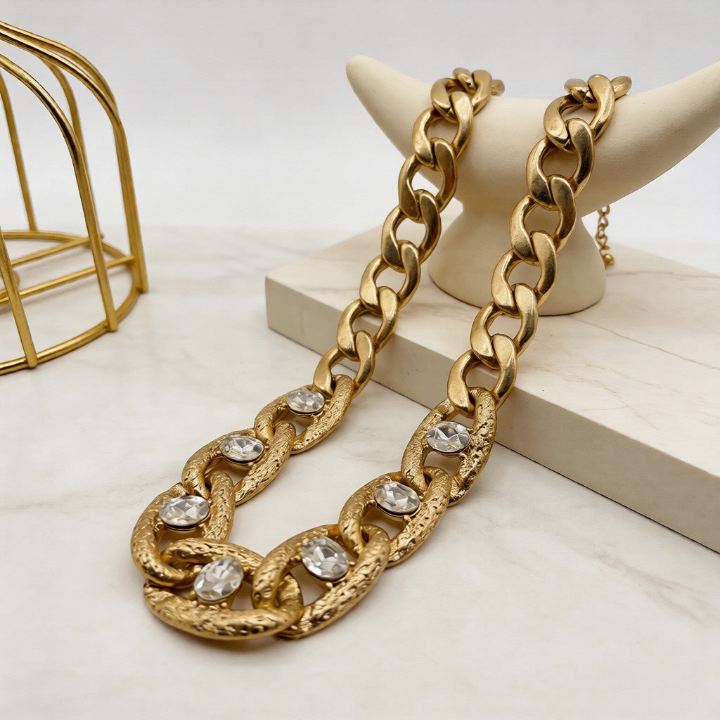 Chunky Gold Rhinestone Statement Necklace | Vintage Punk Thick Chain Jewelry