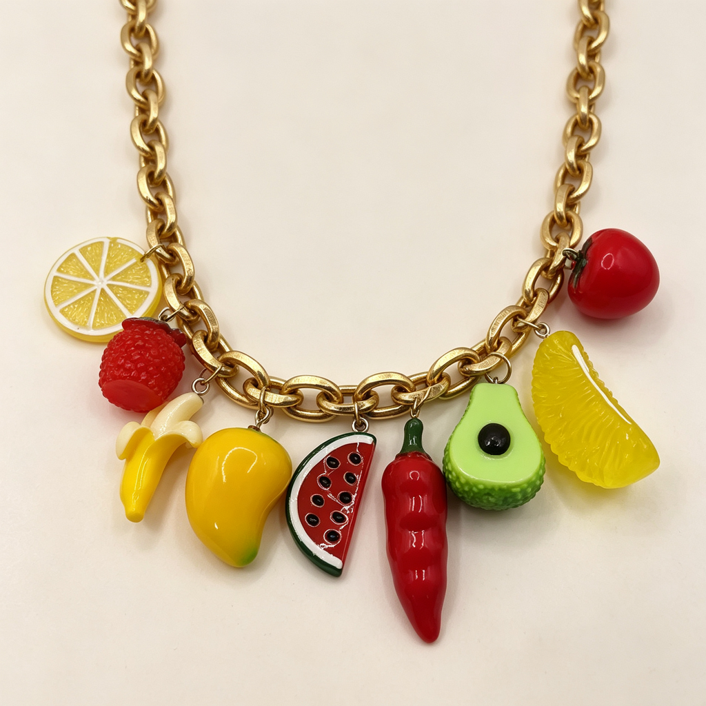 Collar de cadena gruesa con colgantes de frutas surtidas, collar llamativo de moda para mujer, venta al por mayor|JI JOYA