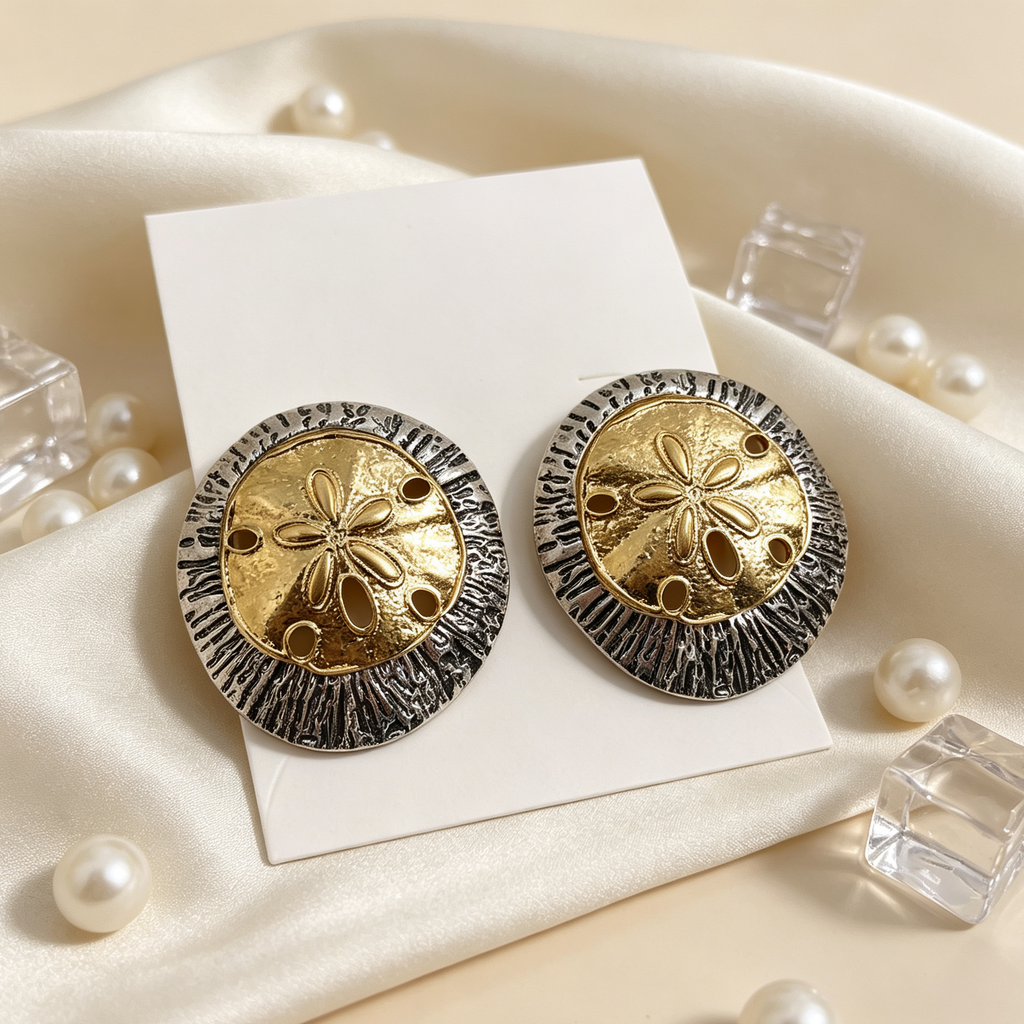 Pendientes Redondos Bimetálicos Diseño Floral Mayorista | JI JOYA
