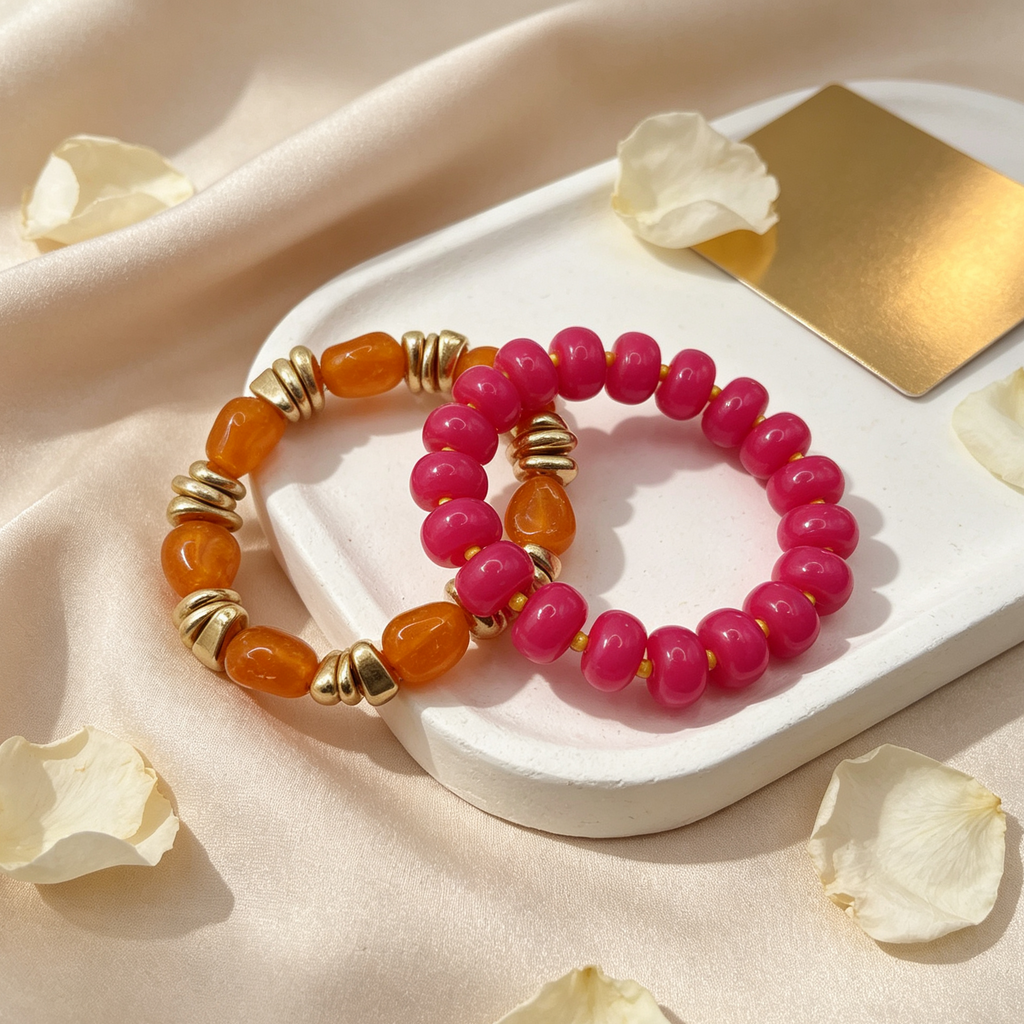 Pulseras de resina combinadas 2 unidades, pulseras elásticas de cuentas color naranja y fucsia para mayorista|JI JOYA