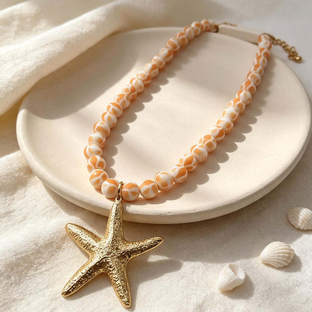 Collar de cuentas rayadas blanco-verde/azul/naranja con colgante de estrella de mar dorada, joyería de playa al por mayor para mujer|JI JOYA