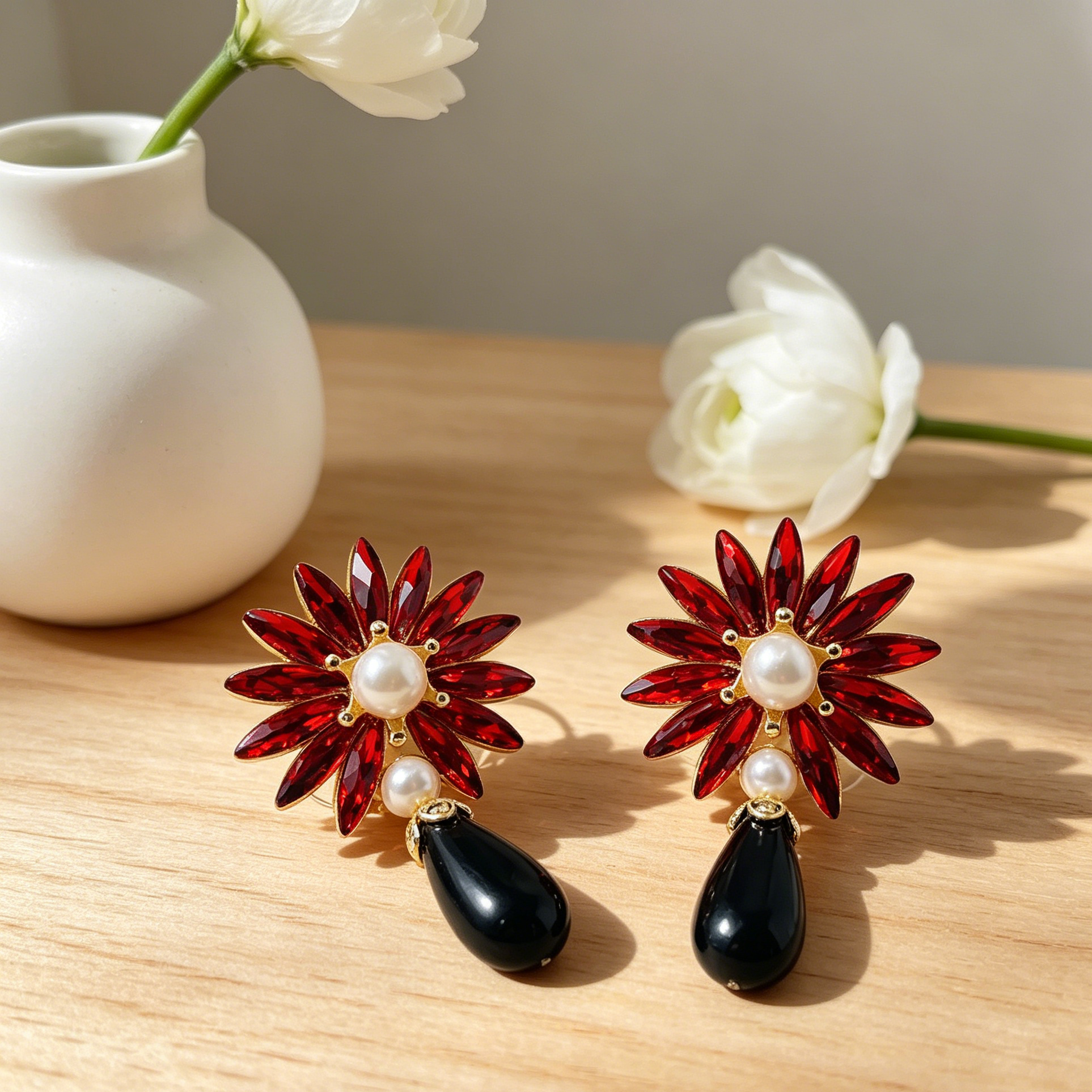 Pendientes Flor Vintage Cristal y Perla Colgante, 2 Colores, Joyería al Por Mayor para Mujer Fiesta Formal|JI JOYA