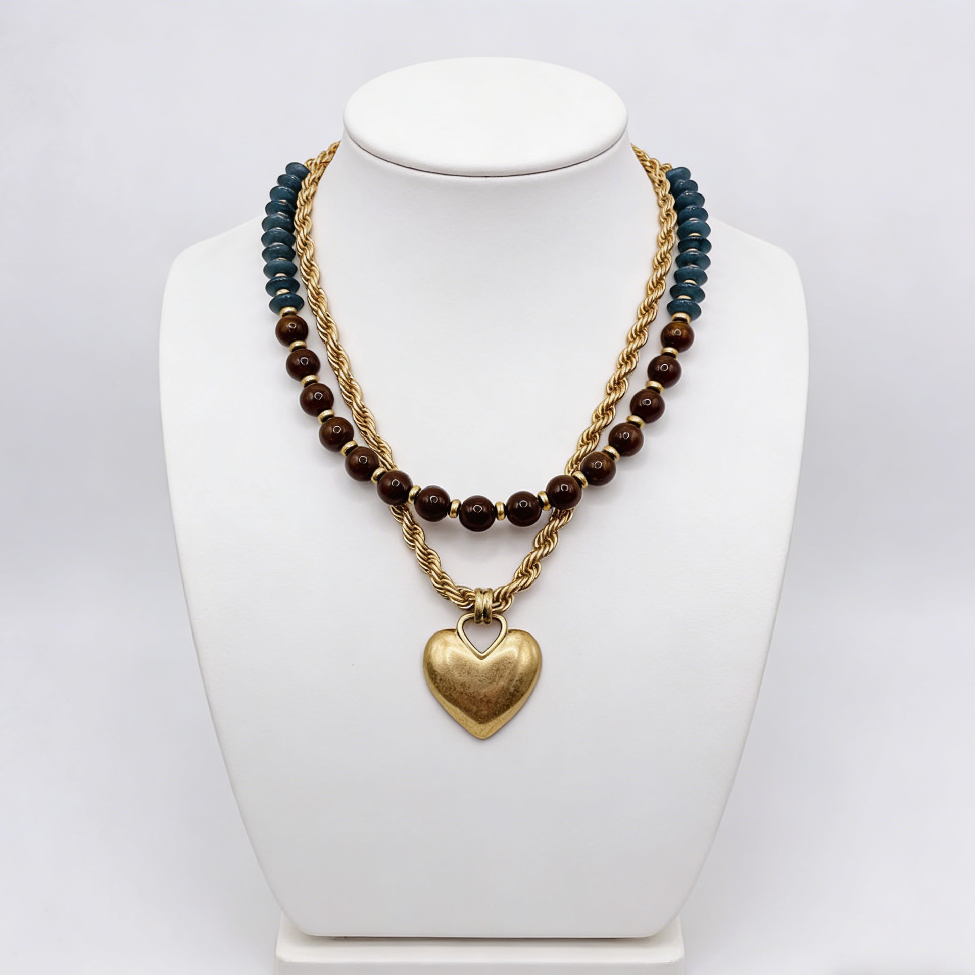 Collar vintage con colgante de corazón de cuentas y bloques de color | Cadena de clavícula multicapa con diseño de nicho | Cadena de clavícula multicapa estilo francés vintage