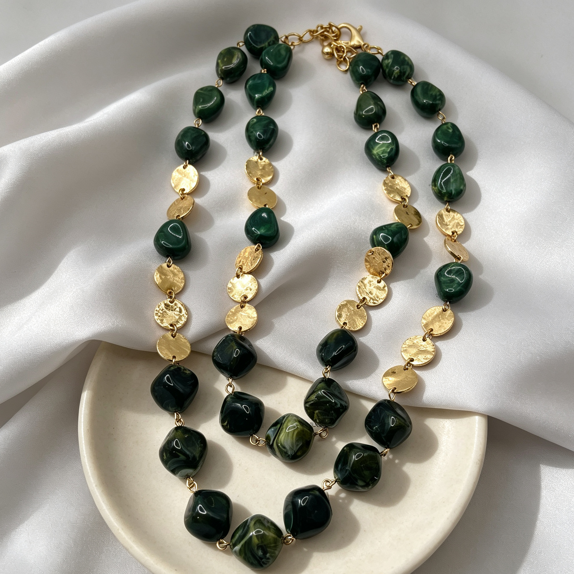 Collar doble capa piedras irregulares con discos dorados, accesorios de moda mayorista, disponible en 2 colores|JI JOYA