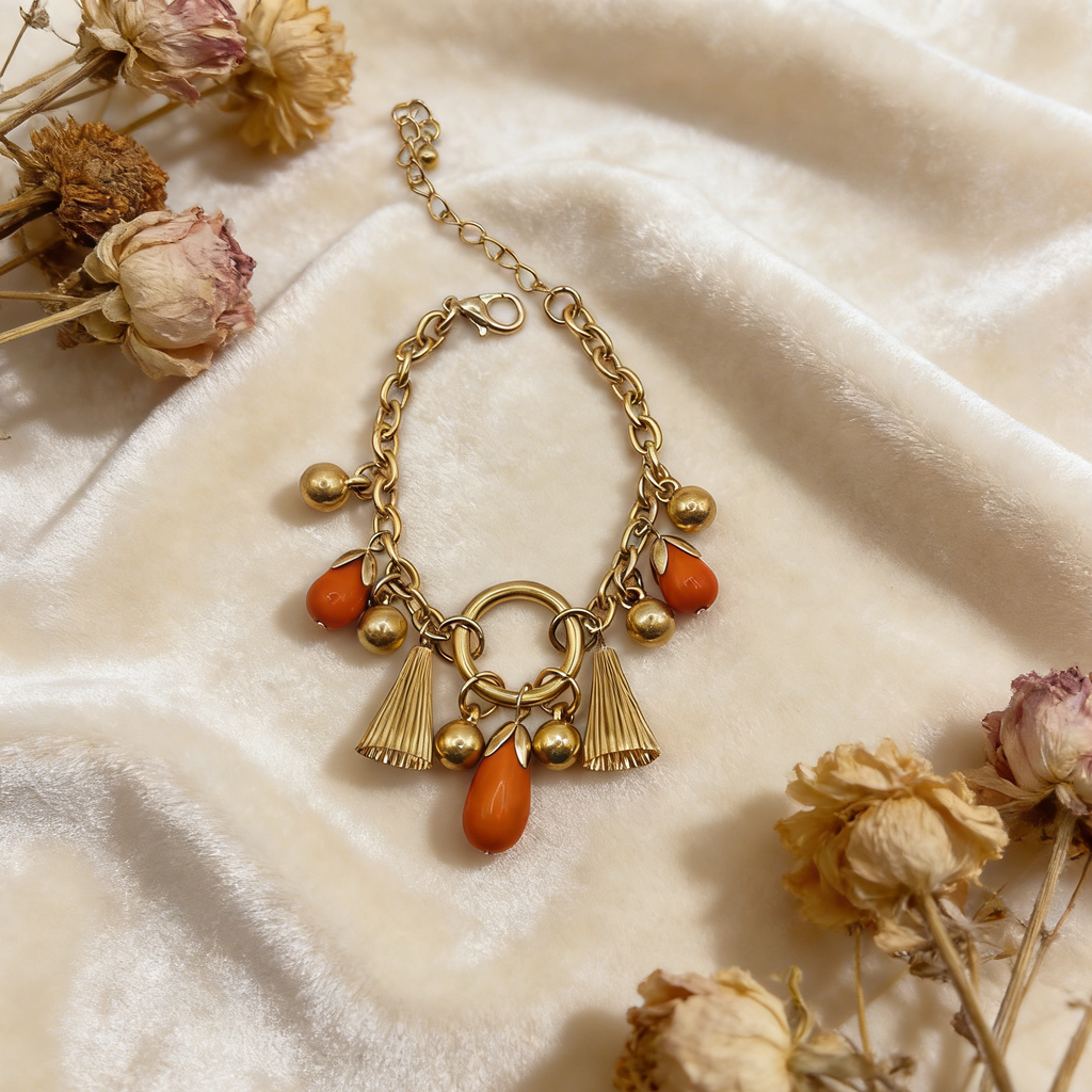 Conjunto de joyería bohemia vintage con borlas, collar y pulsera de piedra naranja chapados en oro para mujer