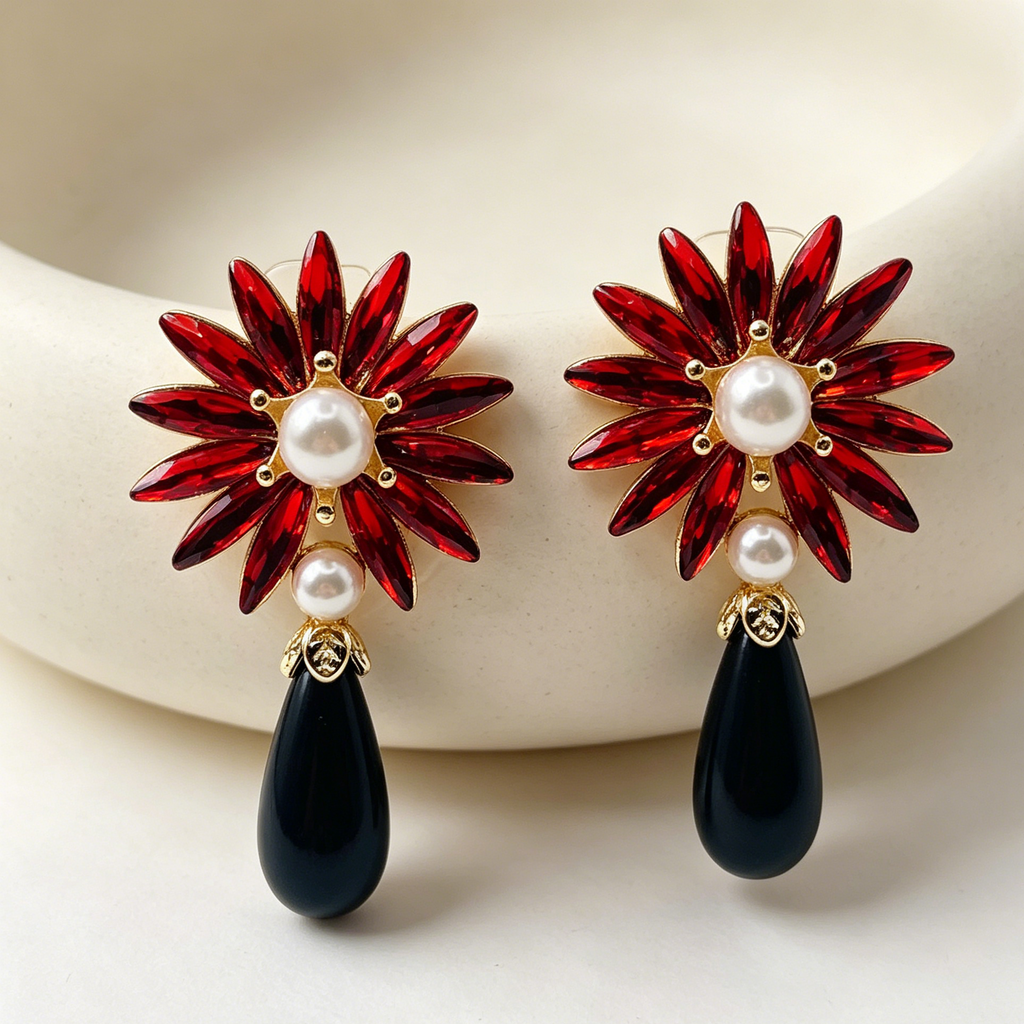 Pendientes Flor Vintage Cristal y Perla Colgante, 2 Colores, Joyería al Por Mayor para Mujer Fiesta Formal|JI JOYA