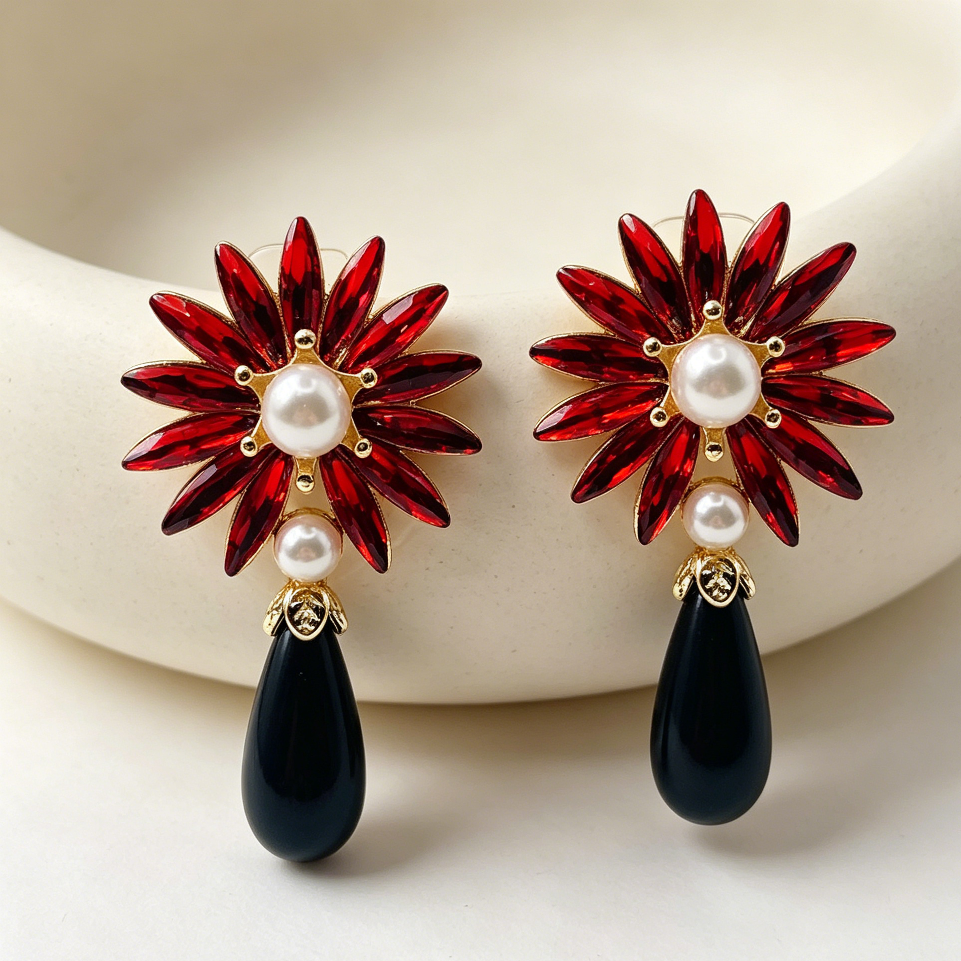 Pendientes Flor Vintage Cristal y Perla Colgante, 2 Colores, Joyería al Por Mayor para Mujer Fiesta Formal|JI JOYA