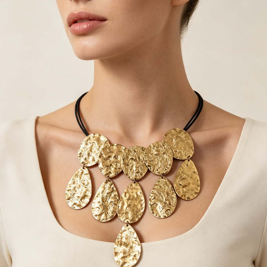 Collar Gargantilla Mayorista Hoja Gotita Texturizada Martillada Dorada, Joyería de Moda Exagerada para Mujer|JI JOYA