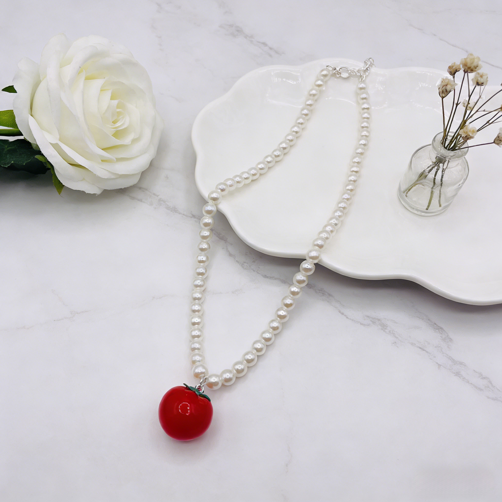 Conjunto de collar y pendientes colgantes con perla de tomate | Joyas originales de frutas de verano