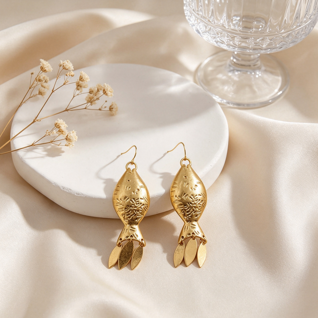 Pendientes Pez Texturizado Dorado con Borlas | Proveedor de Joyas B2B|JI JOYA