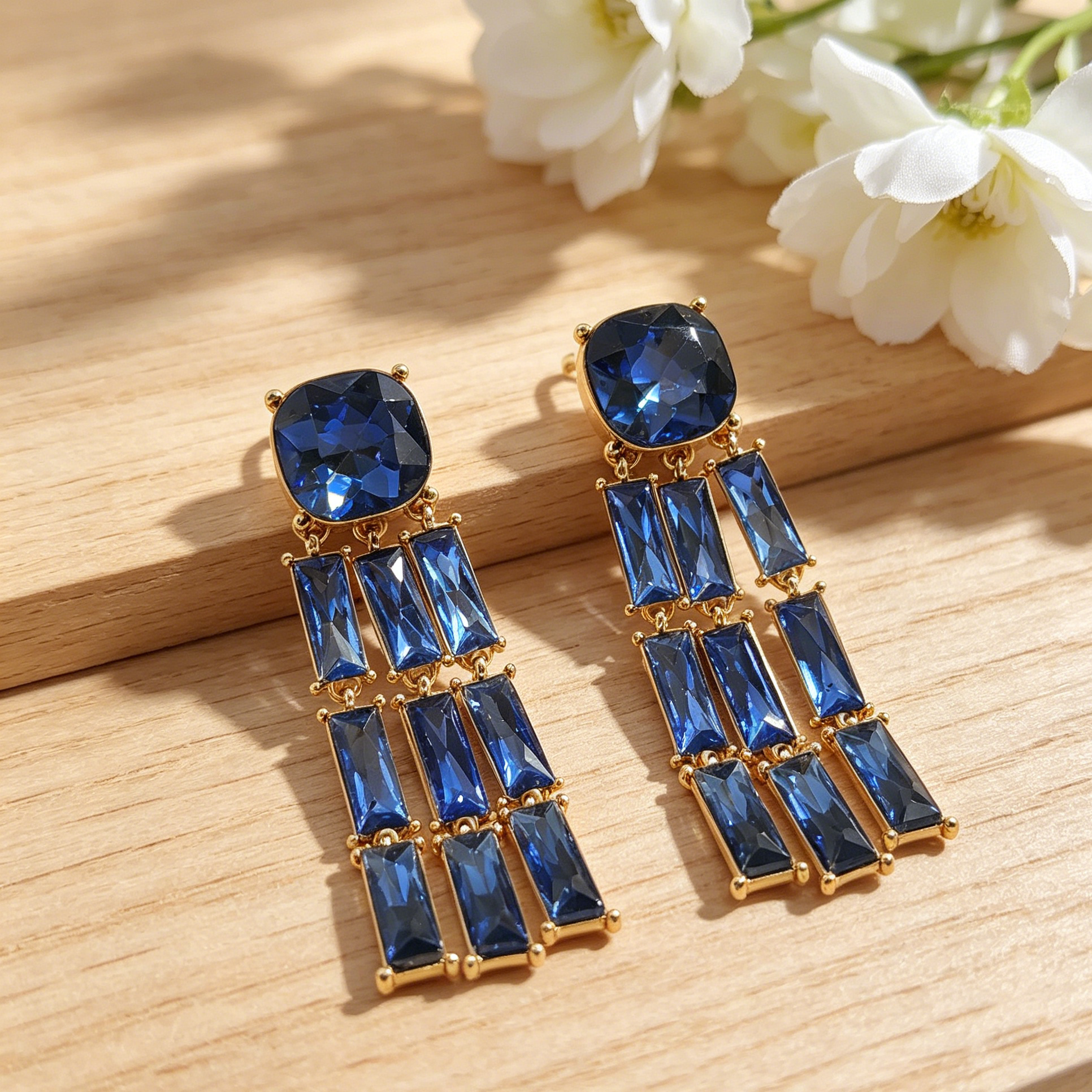 Pendientes Largos Borla Cristal Azul 2 Colores, Aretes Chapados en Oro al Por Mayor para Fiesta Noche Mujer|JI JOYA
