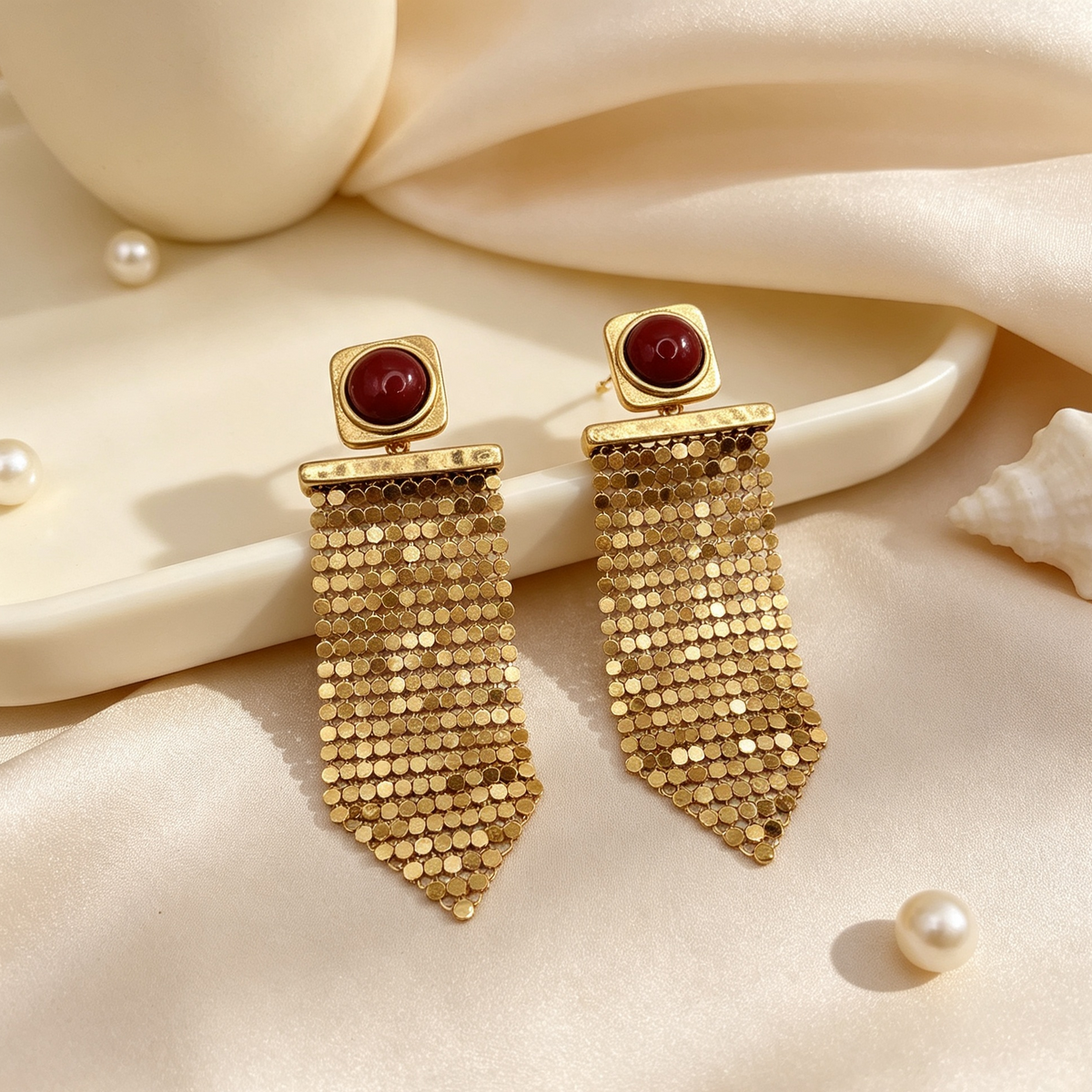 Pendientes Largos de Cadena Malla Metálica, Piedra Decorativa, Diseño Vintage, Mayorista|JI JOYA