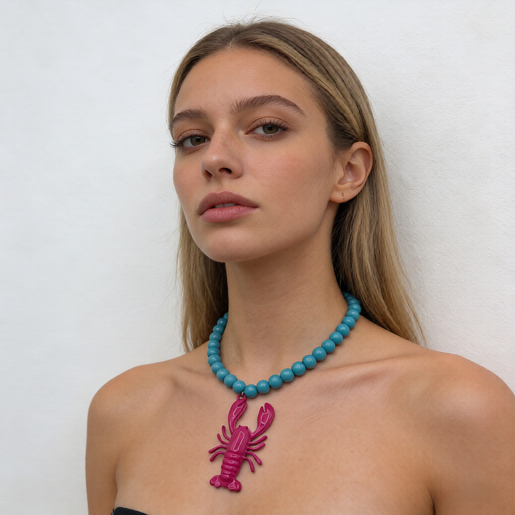 Turquoise Beaded Necklace with Lobster Charm - Unique Summer Accessory