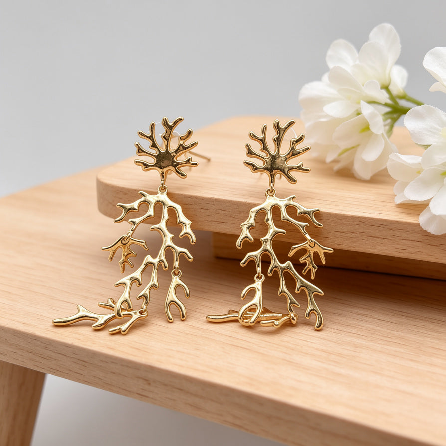 Pendientes de Coral Dorado | Joyería de Moda al Por Mayor|JI JOYA