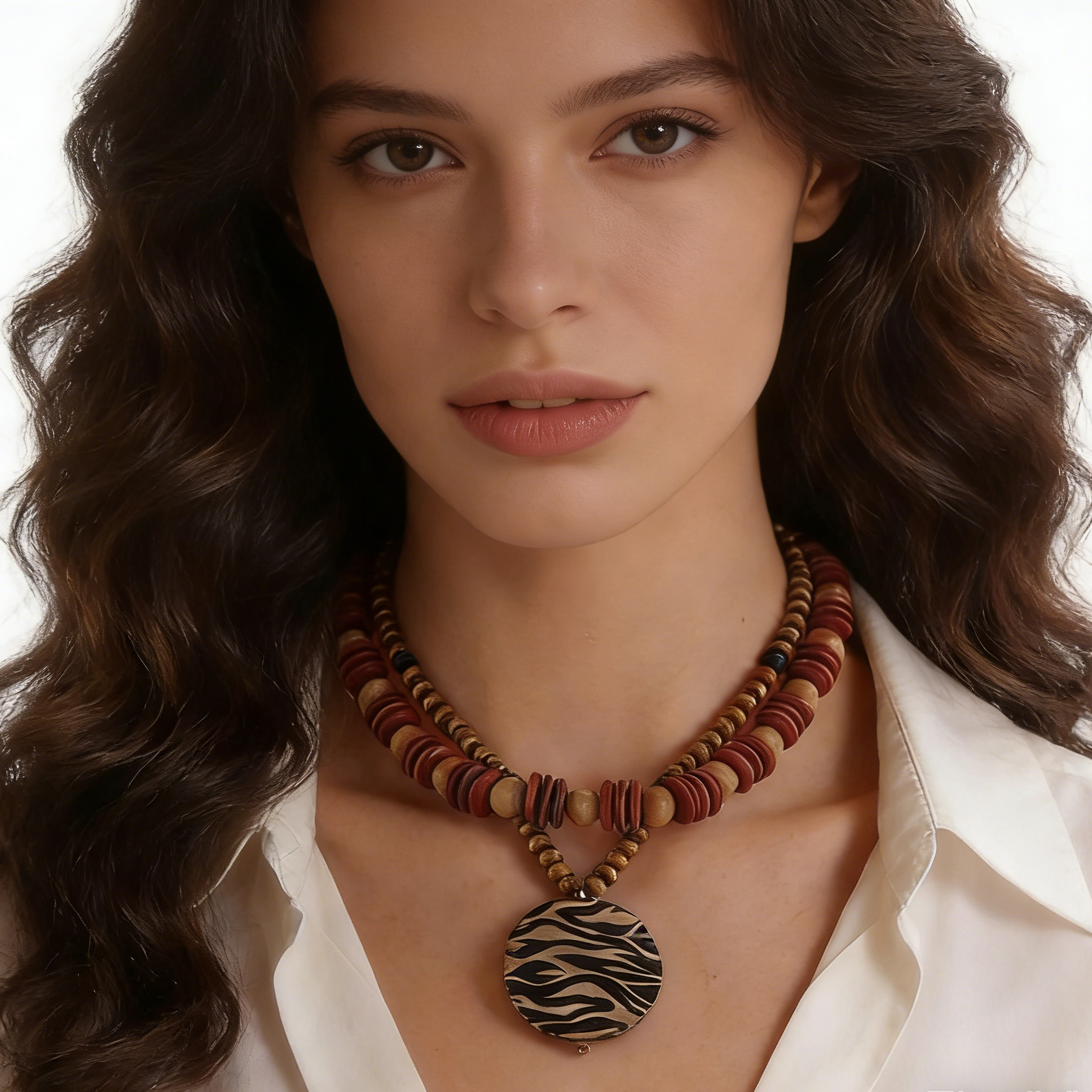 Collar de cuentas de madera en capas con estampado de cebra bohemio | Collar vintage estilo resort Y2K