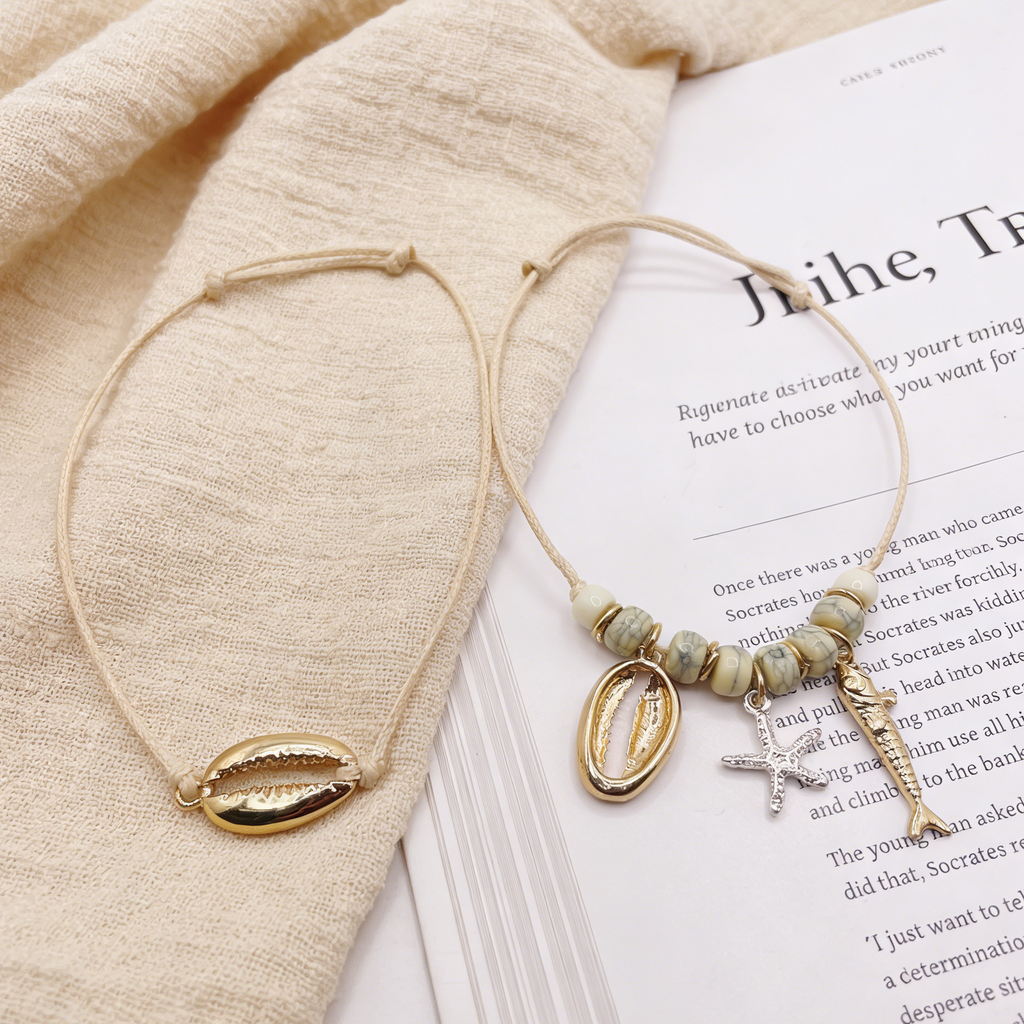 Pulsera de Cuerda con Concha, Estrella de Mar y Pez - Moda Boho para Mujer, Mayorista|JI JOYA