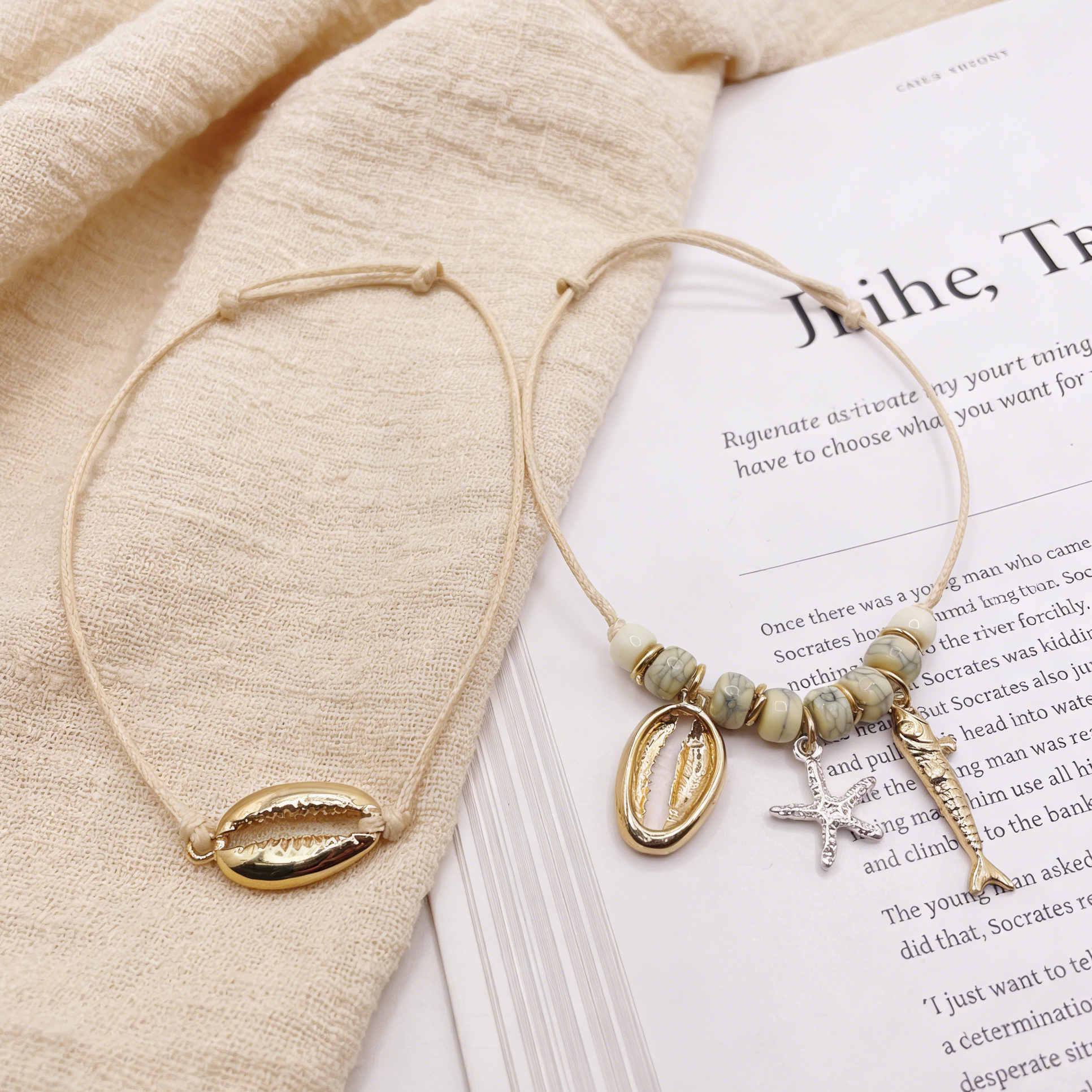 Pulsera de Cuerda con Concha, Estrella de Mar y Pez - Moda Boho para Mujer, Mayorista|JI JOYA