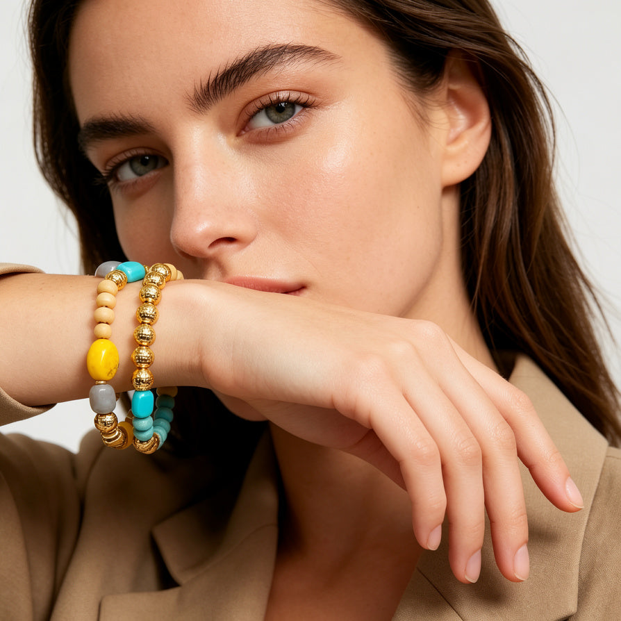 Set de 3 Pulseras Elásticas de Resina y Madera - Colores Turquesa/Amarillo - Joyería Boho al Por Mayor|JI JOYA