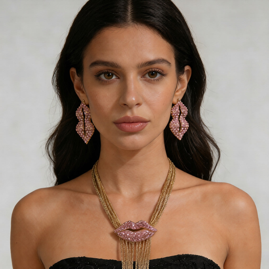 Collar de Labios de Cristal Rosa con Flecos Dorados - Colección Glamour