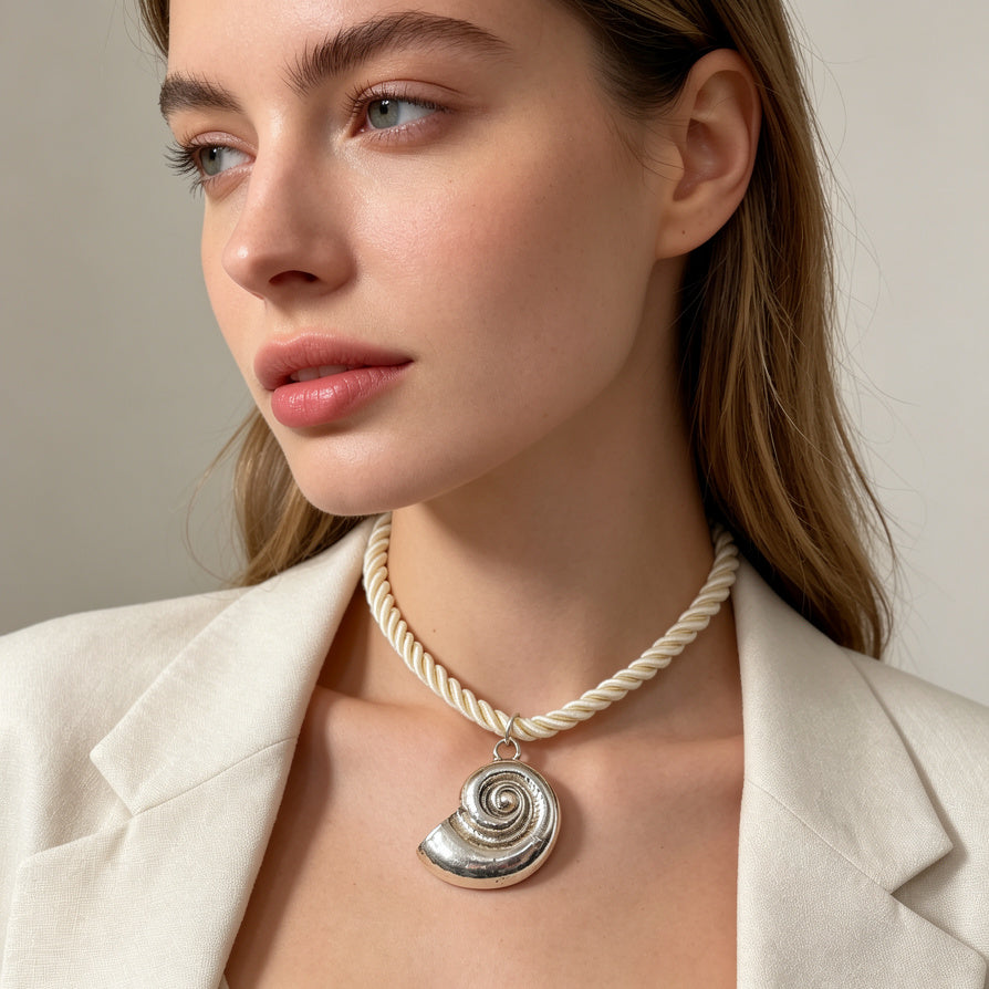Collar Mayorista Colgante de Concha Espiral en Plata/Oro con Cordón de Seda Blanca - Joyería de Moda Marina para Mujer|JI JOYA