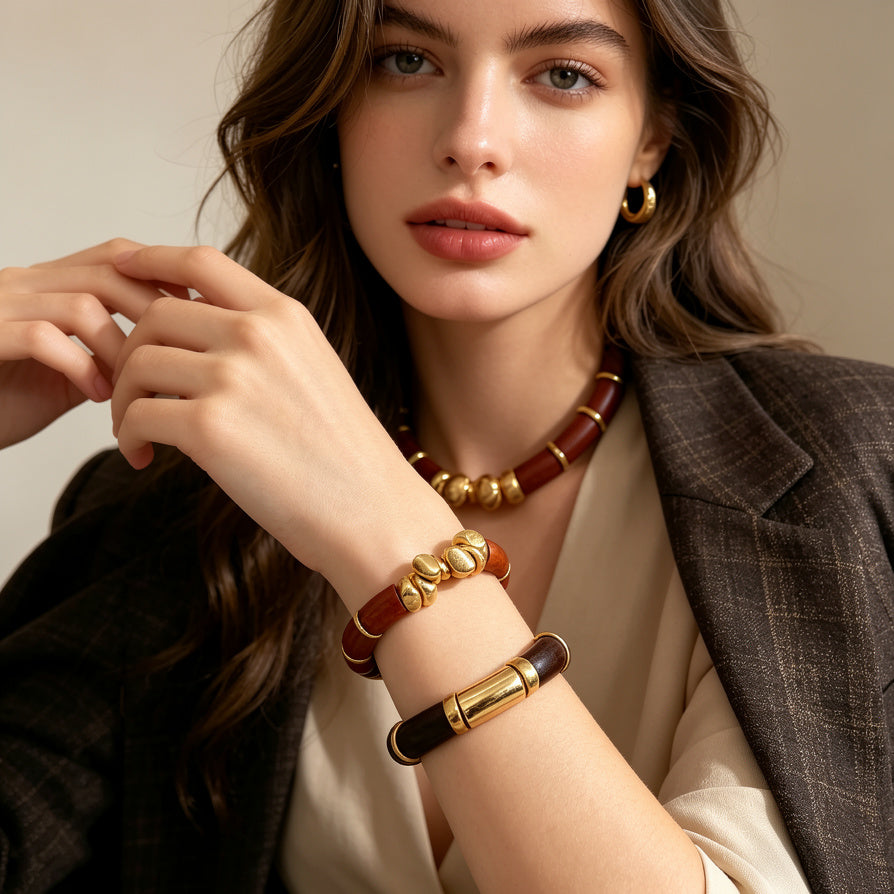 Pulsera de madera artesanal de alta gama, que combina metal y madera | Joyería femenina al por mayor|JI JOYA