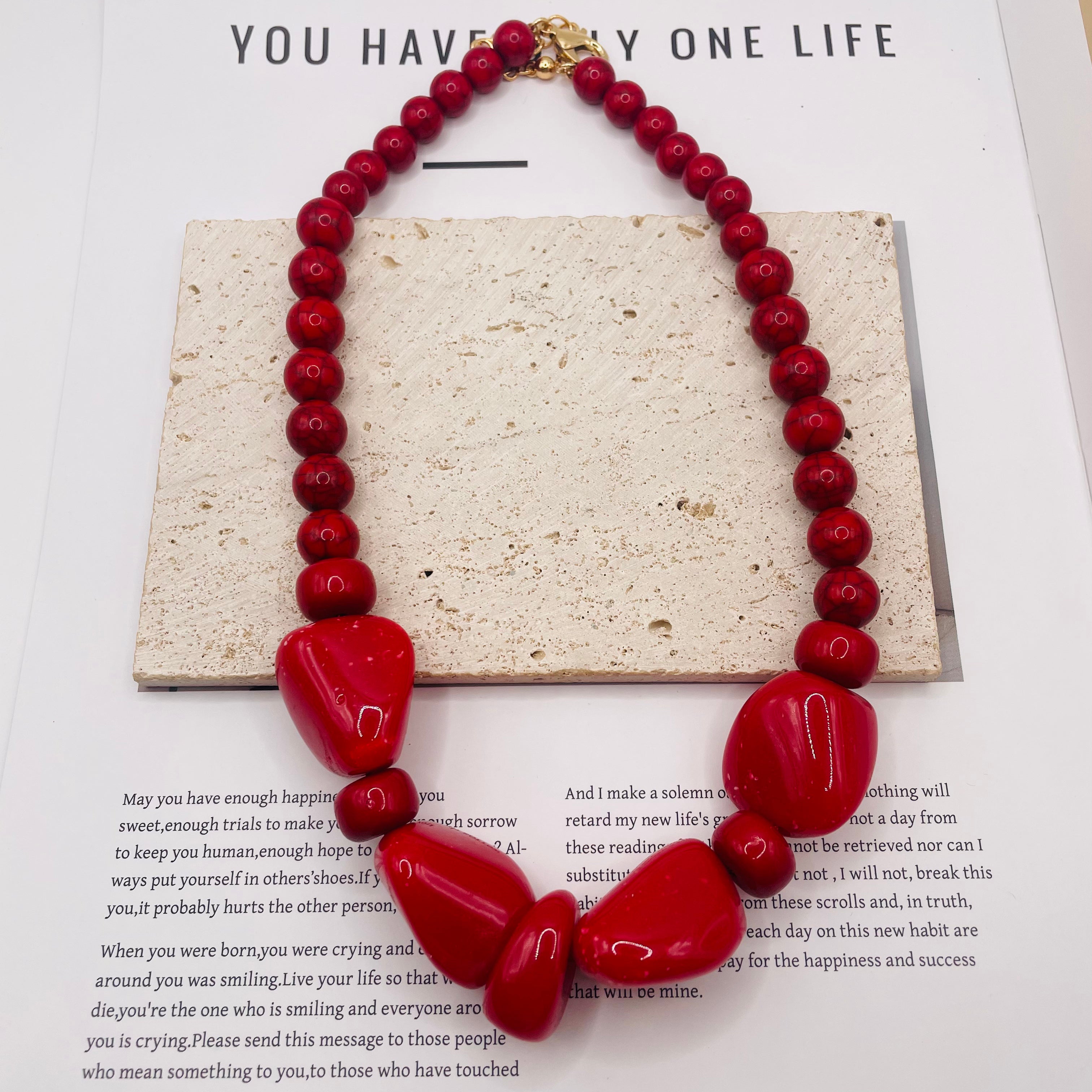 JI JOYA VENDA POR ATACADO,Combinação de colar e pulseira irregulares com contas vermelhas e castanhas