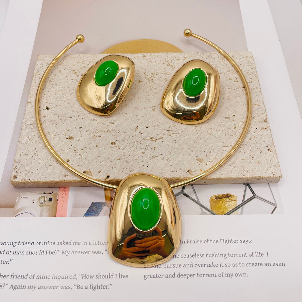 JI JOYA VENTA AL POR MAYOR|Collar de Gargantilla con Colgante Ovalado - Joyería Dorada de Moda al Por Mayor (Verde, Naranja, Blanco)