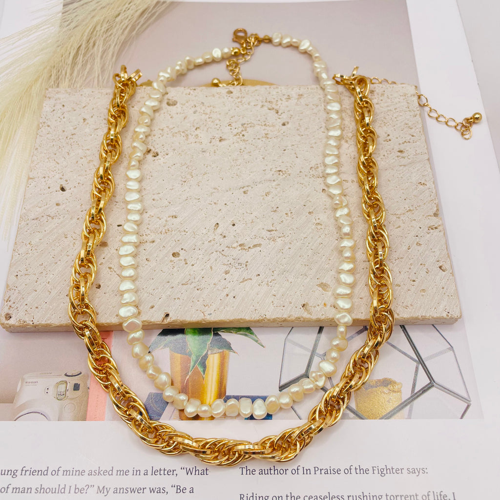 JI JOYA VENTA AL POR MAYORCollar Doble Cadena + Perlas| Joyería Mayorista en Oro y Plata