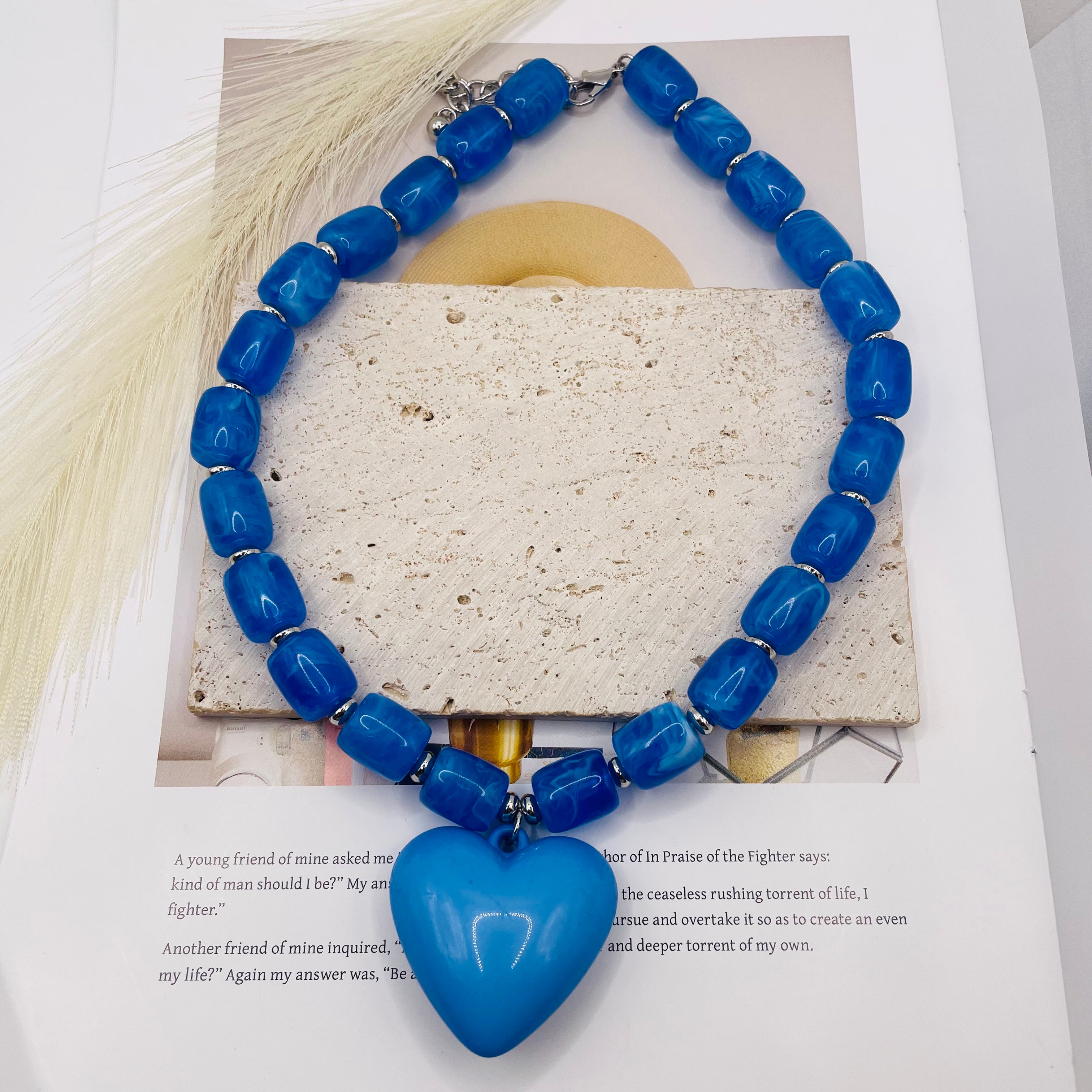 Collar de Corazón Azul Moda Mayorista - Collar de Cuentas Resina Azul Clásico para Mujer|JI JOYA