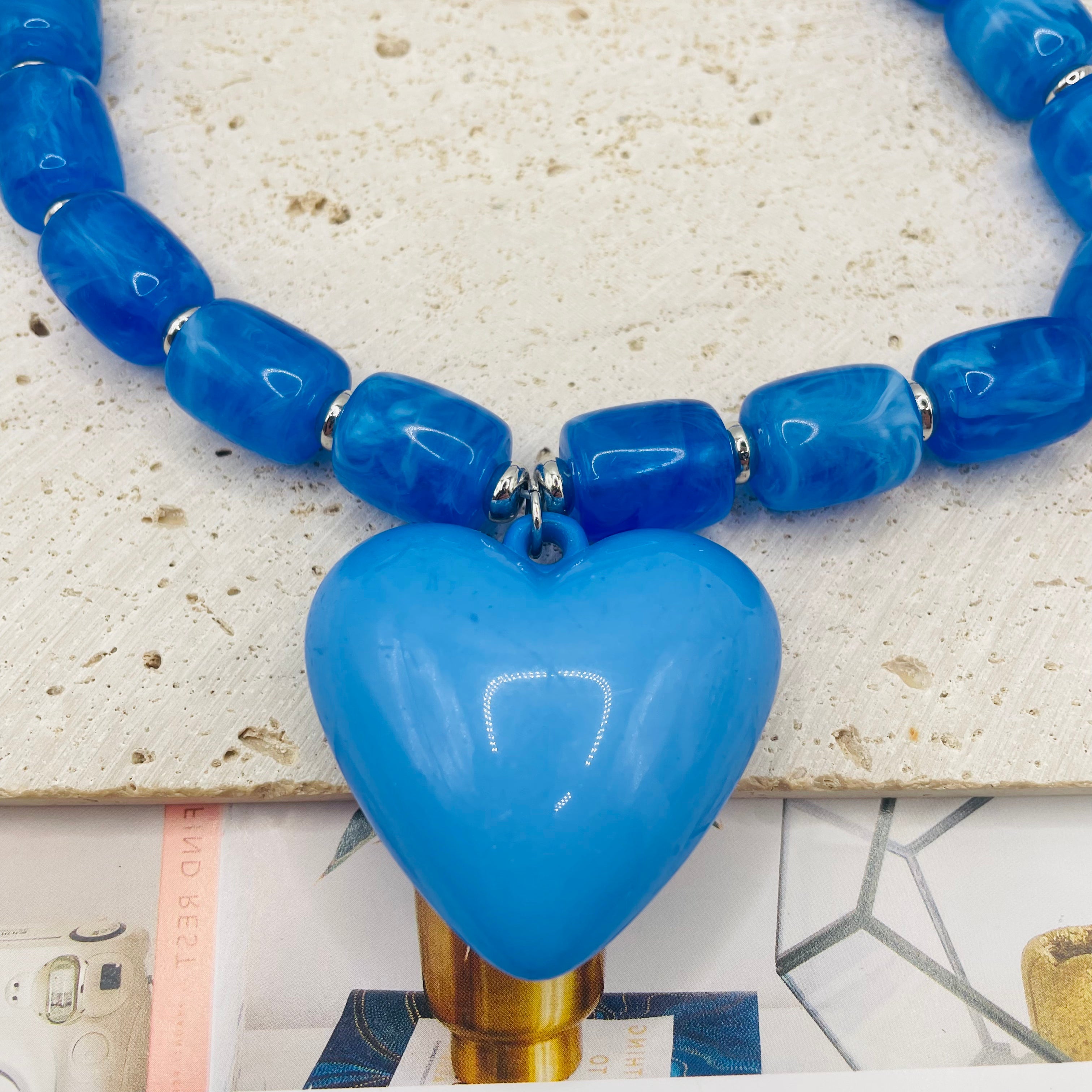 Collar de Corazón Azul Moda Mayorista - Collar de Cuentas Resina Azul Clásico para Mujer|JI JOYA