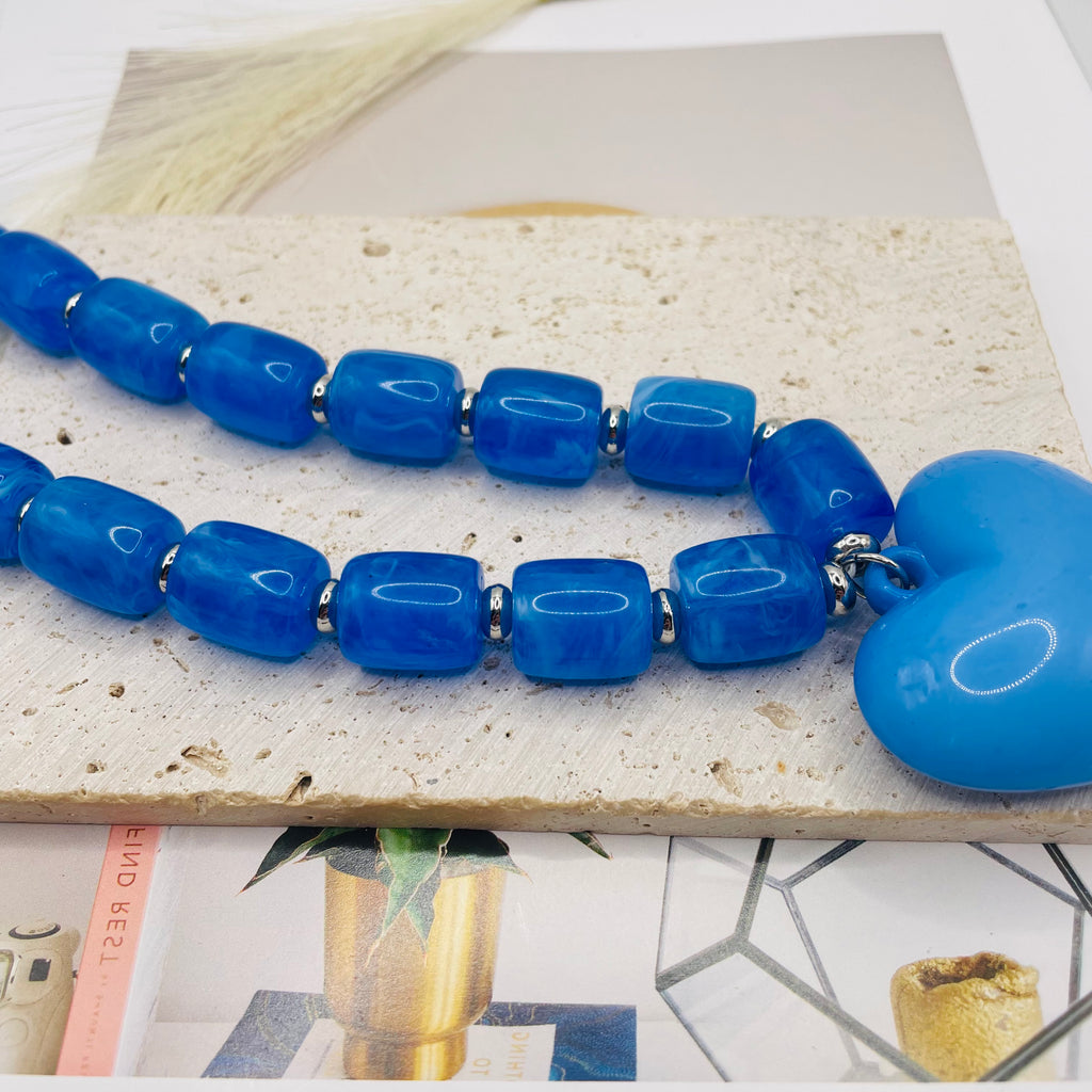 Collar de Corazón Azul Moda Mayorista - Collar de Cuentas Resina Azul Clásico para Mujer|JI JOYA