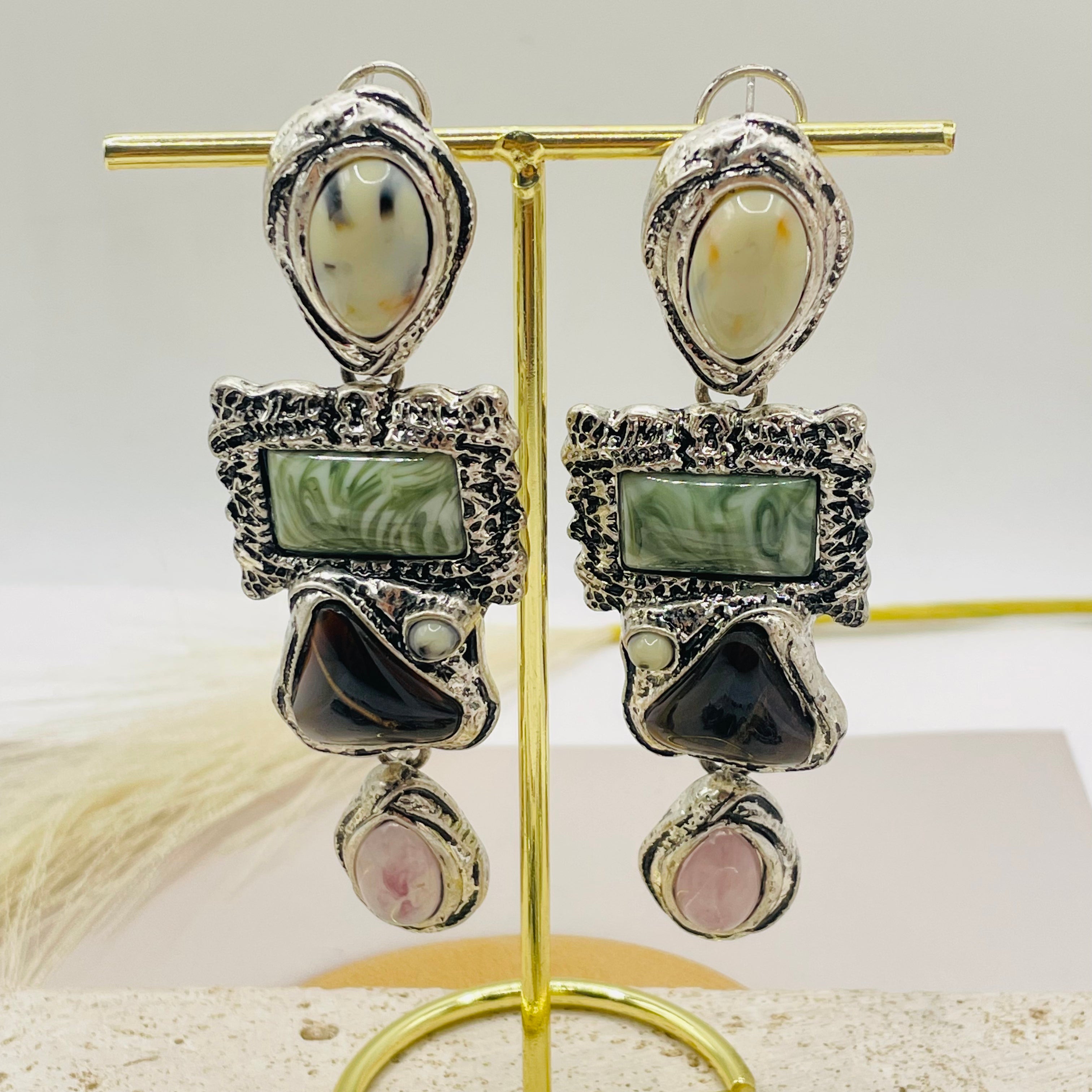 Bisutería Vintage Multicolor con Piedras Naturales | Pendientes y Pulseras al Por Mayor|JI JOYA