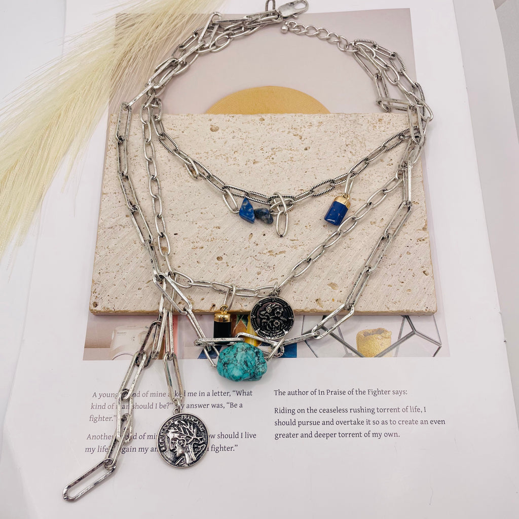 Collar de Cadena Doble con Colgantes de Piedras Naturales y Moneda - Joyería de Zinc para Wholesale|JI JOYA