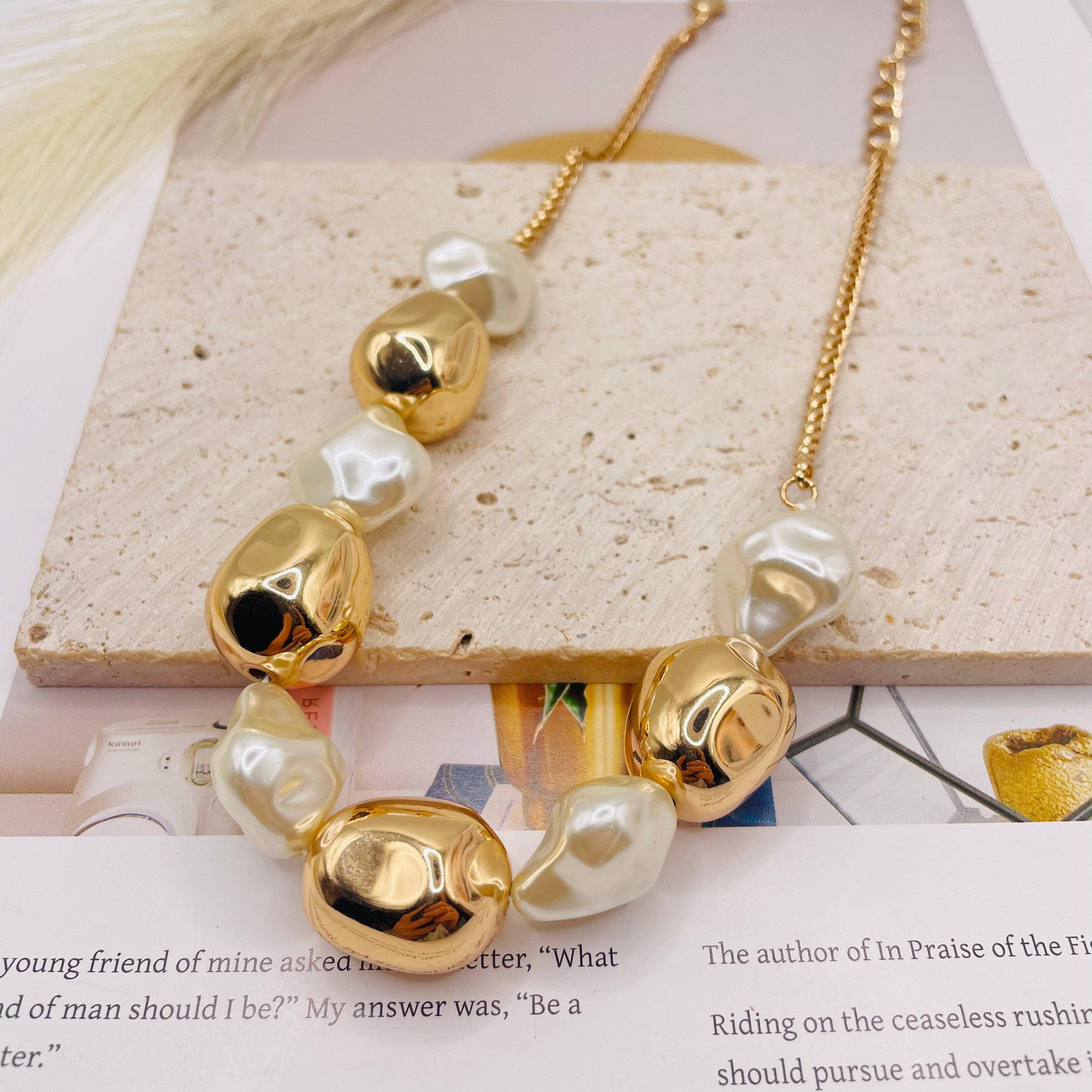 Collar de Perlas Simuladas Barrocas Irregulares - Plata y Dorado - Joyería de Moda Mayorista para Mujer|JI JOYA