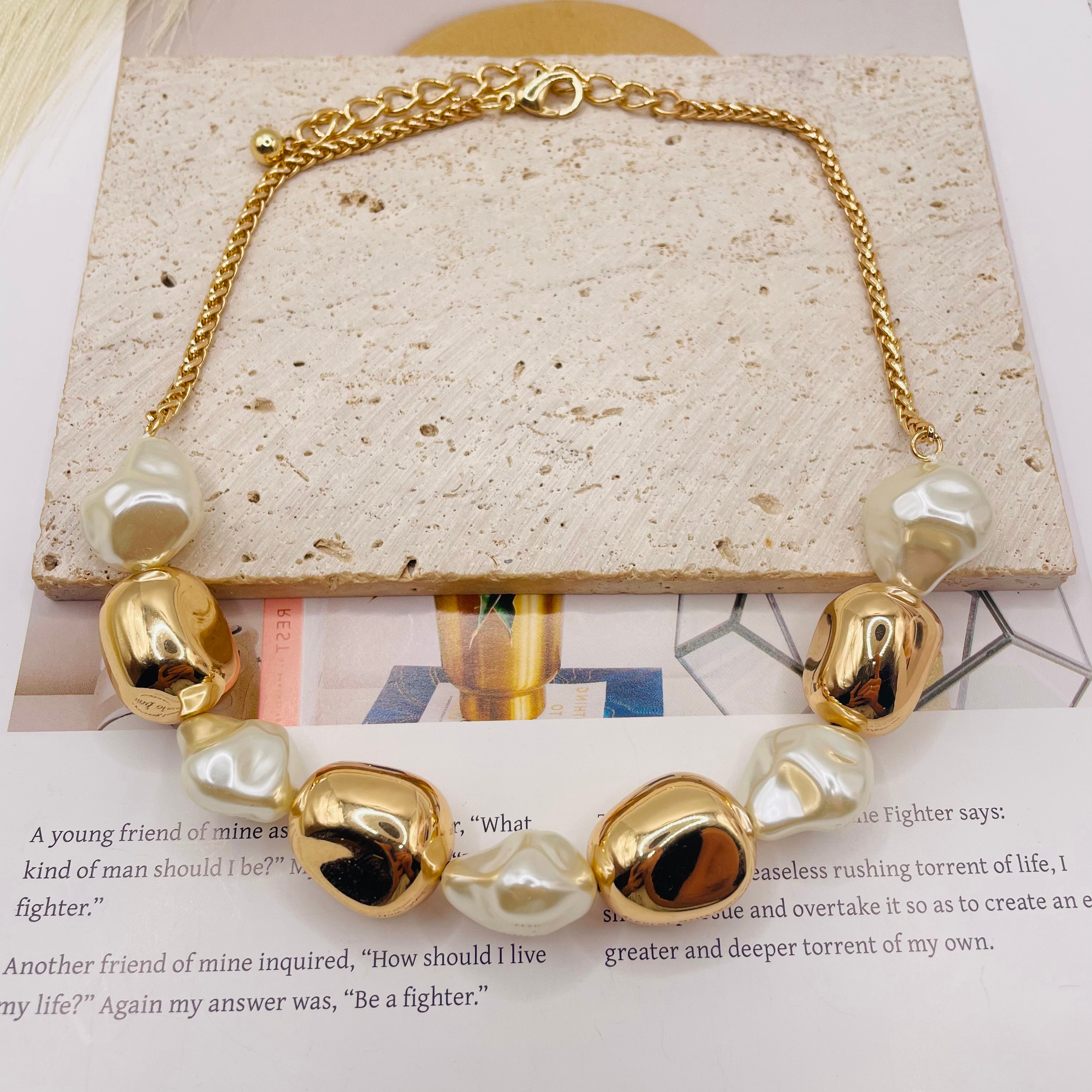 Collar de Perlas Simuladas Barrocas Irregulares - Plata y Dorado - Joyería de Moda Mayorista para Mujer|JI JOYA