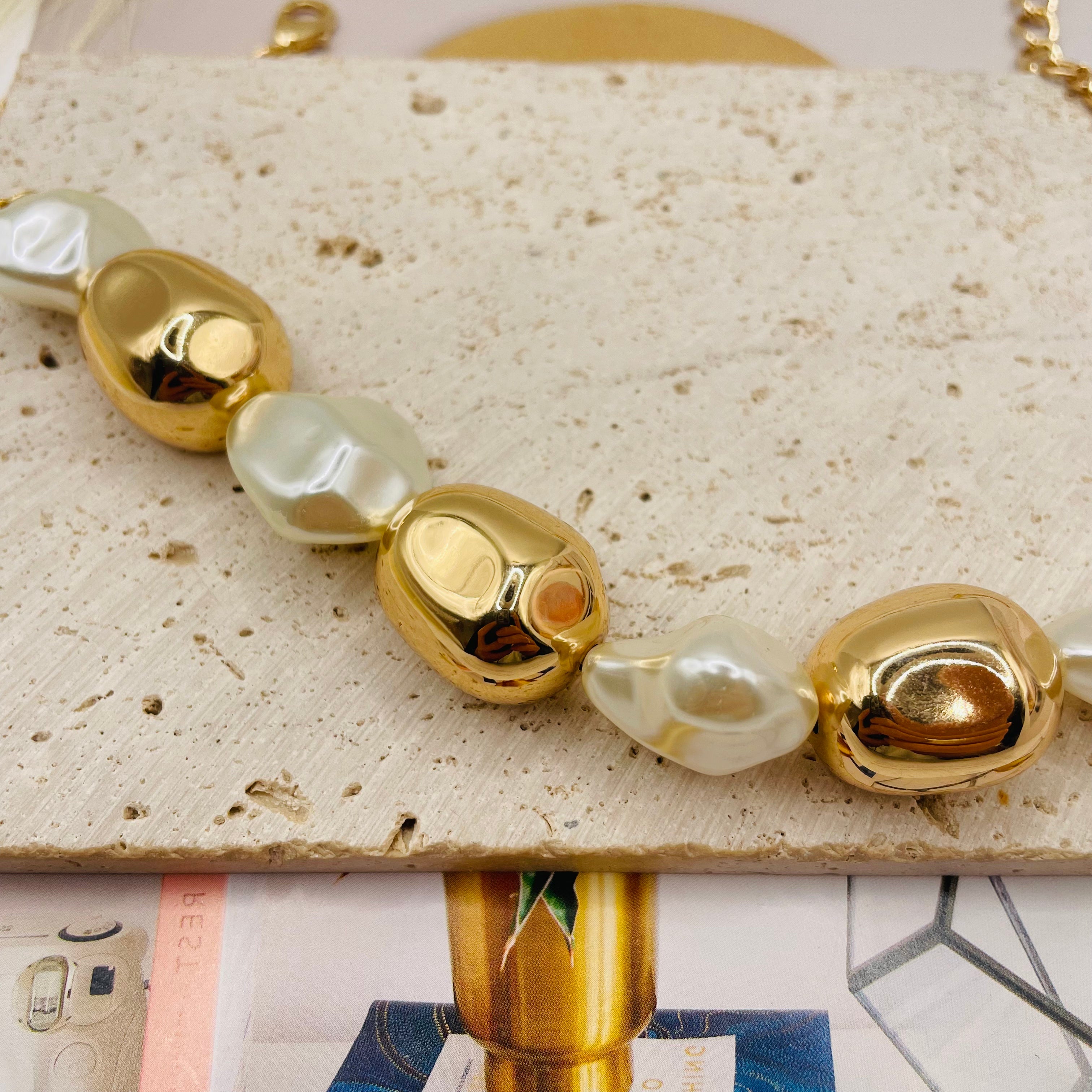 Collar de Perlas Simuladas Barrocas Irregulares - Plata y Dorado - Joyería de Moda Mayorista para Mujer|JI JOYA