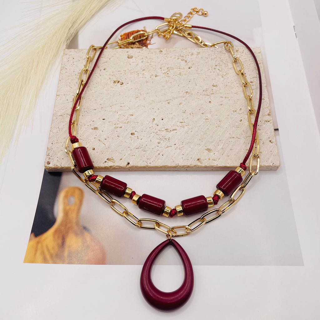 JI JOYA VENTA AL POR MAYOR|Collar Mayorista con Colgante de Gota, Cadena de Papel y Cordón, 2 Colores (Borgoña y Crema)