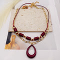 JI JOYA VENTA AL POR MAYOR|Collar Mayorista con Colgante de Gota, Cadena de Papel y Cordón, 2 Colores (Borgoña y Crema)