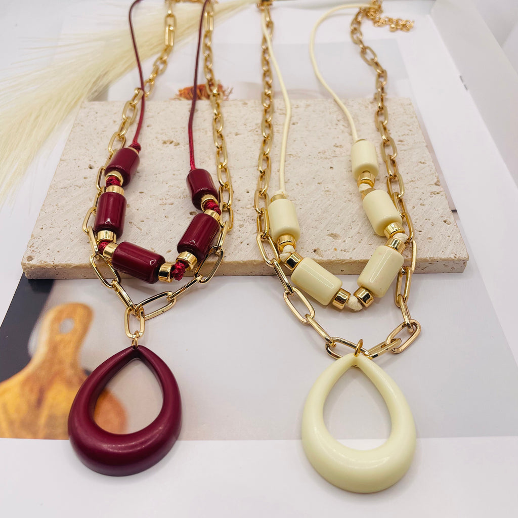 JI JOYA VENTA AL POR MAYOR|Collar Mayorista con Colgante de Gota, Cadena de Papel y Cordón, 2 Colores (Borgoña y Crema)