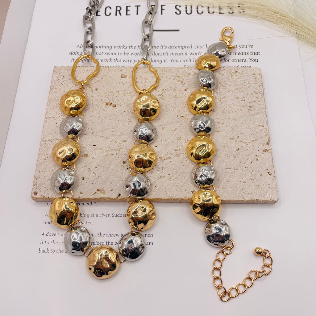 JI JOYA VENTA AL POR MAYOR|Conjunto de Joyas de Moda Mujer, Collar y Pulsera de Bolas en Oro y Plata| Pedido al Por Mayor
