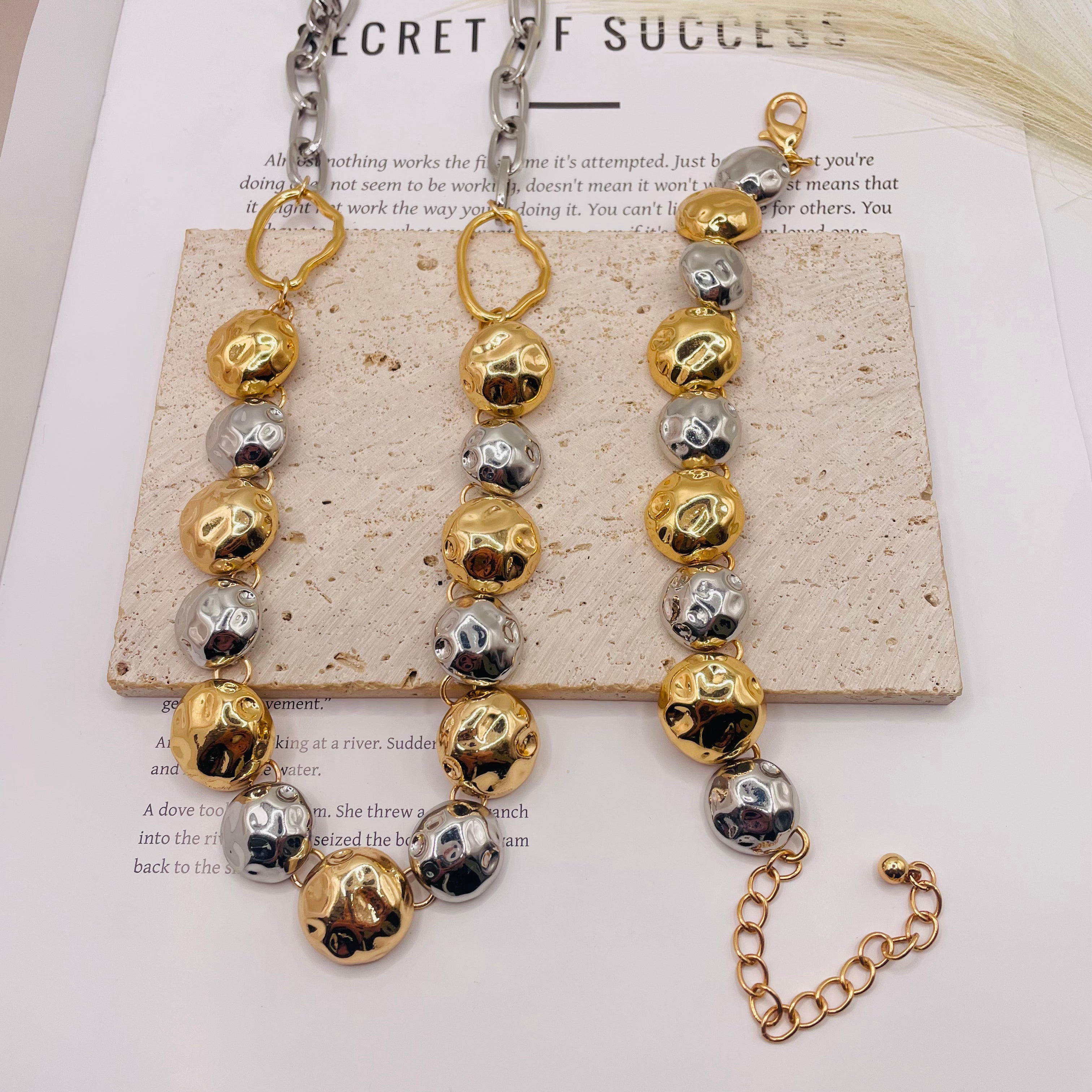 JI JOYA VENTA AL POR MAYOR|Conjunto de Joyas de Moda Mujer, Collar y Pulsera de Bolas en Oro y Plata| Pedido al Por Mayor