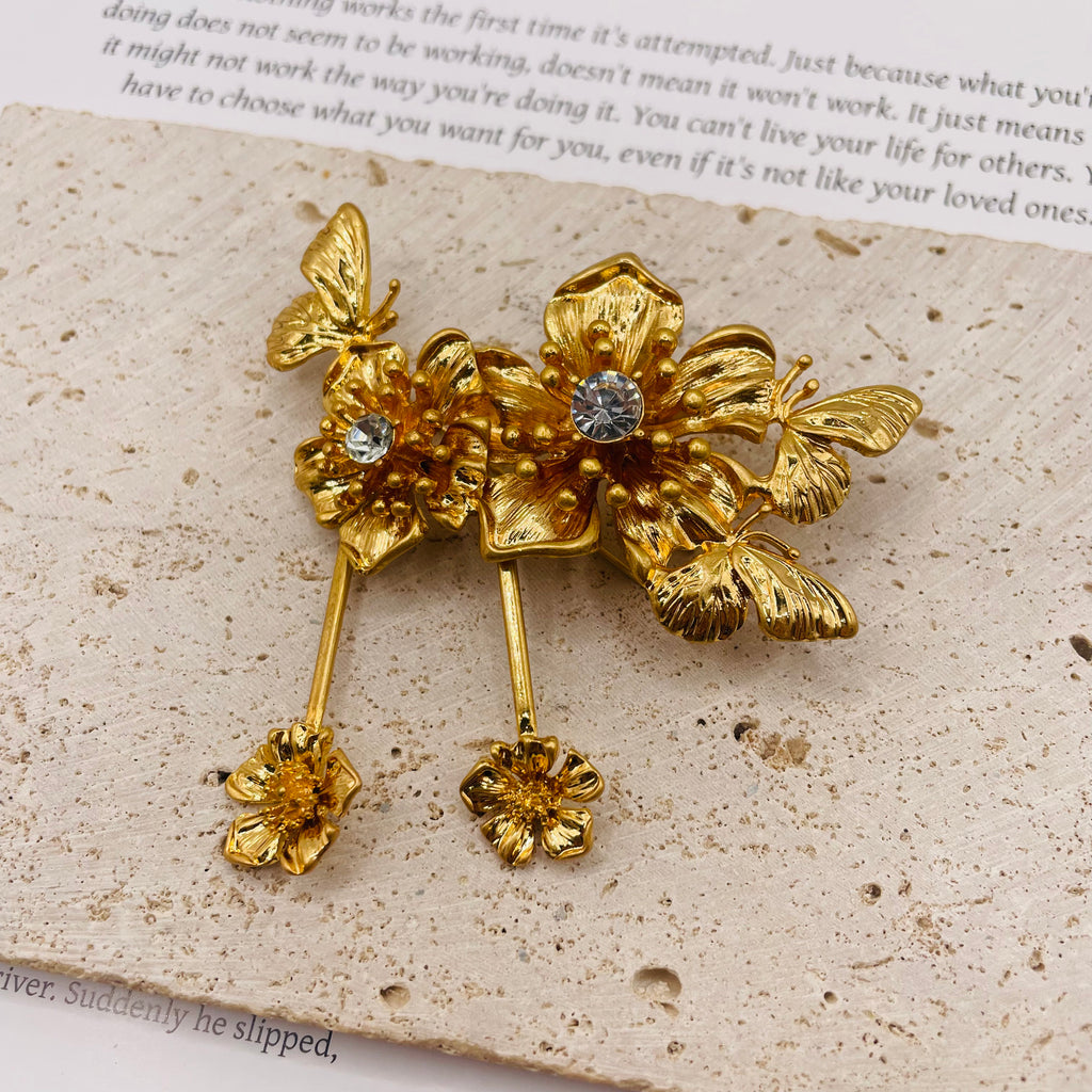 JI JOYA VENTA AL POR MAYORConjunto de Joyería de Flores Doradas con Mariposa y Circonita | Resistente al Deslustre, para Mujer, Venta al Por Mayor