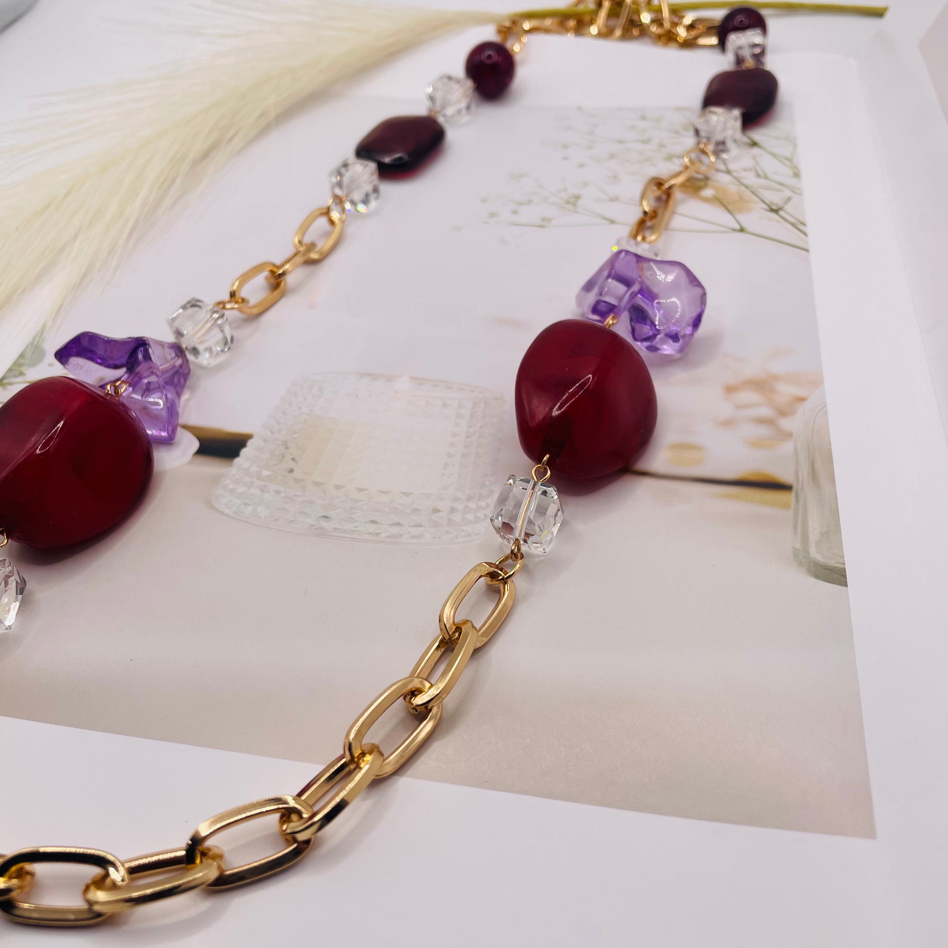 JI JOYA VENTA AL POR MAYOR|Collar de Moda con Cuentas de Resina y Cadena Metálica, Diseño de Piedra Irregular, 2 Colores para Mujer, Venta al Por Mayor