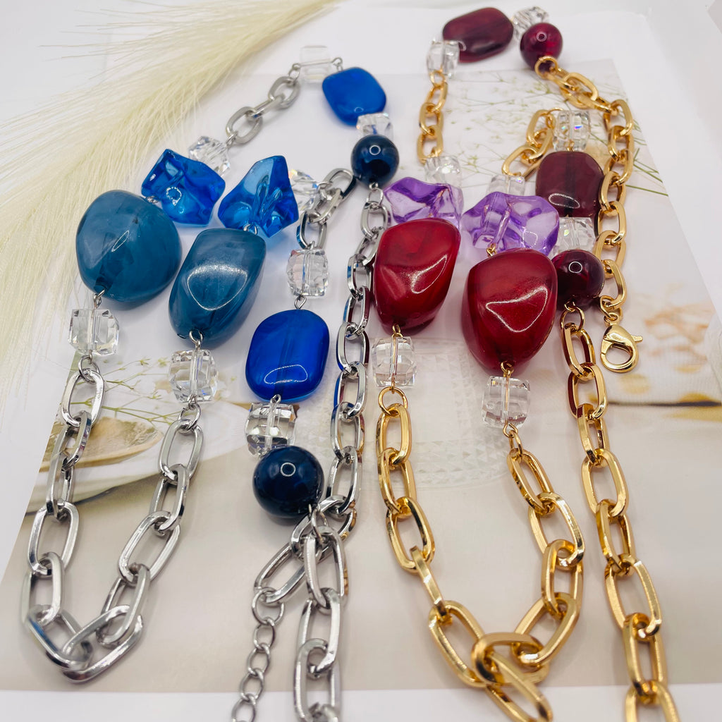 JI JOYA VENTA AL POR MAYOR|Collar de Moda con Cuentas de Resina y Cadena Metálica, Diseño de Piedra Irregular, 2 Colores para Mujer, Venta al Por Mayor