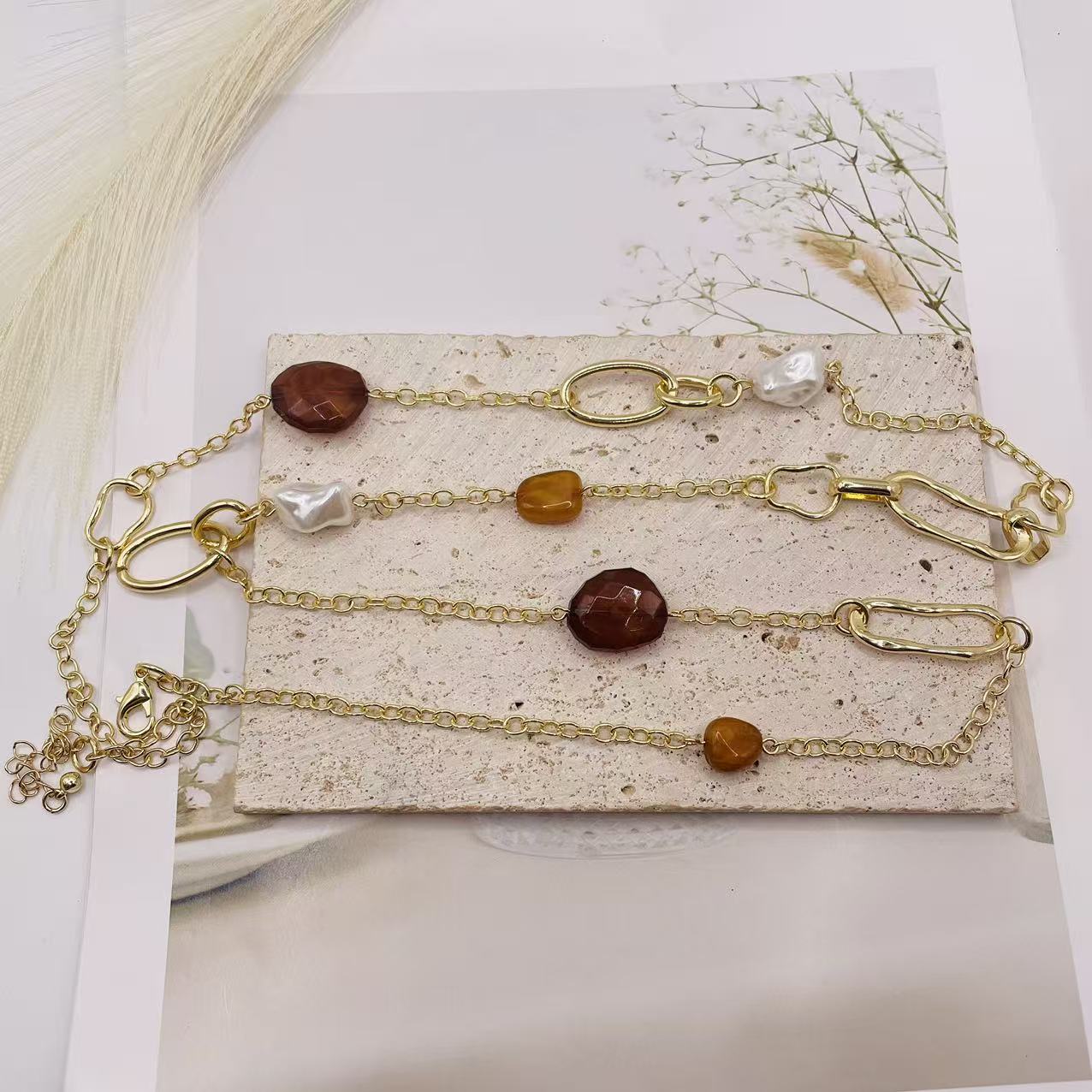 JI JOYA VENTA AL POR MAYOR|Collar de Moda con Piedras Naturales y Perlas Barrocas - Oro/Plata - Joyería al Por Mayor