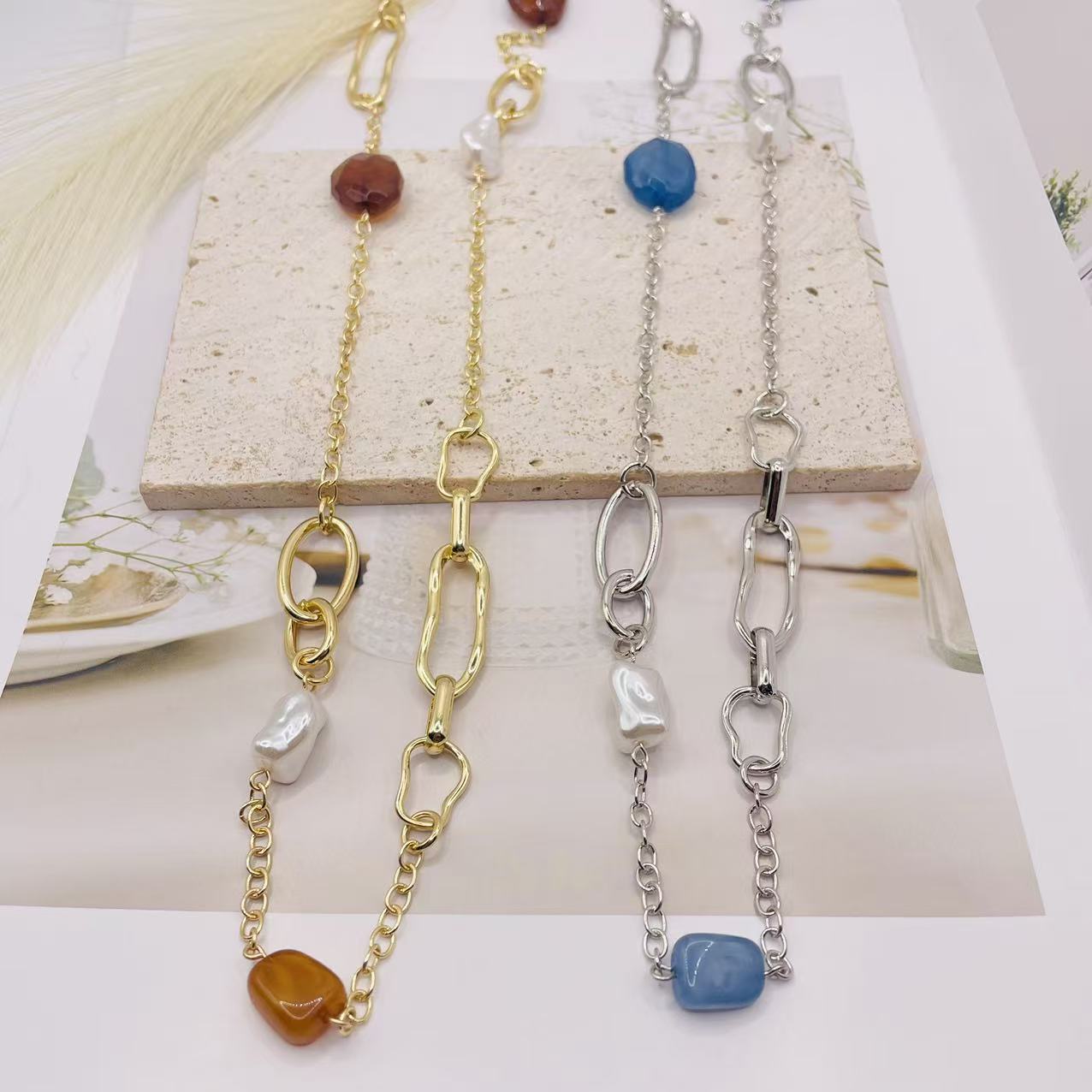 JI JOYA VENTA AL POR MAYOR|Collar de Moda con Piedras Naturales y Perlas Barrocas - Oro/Plata - Joyería al Por Mayor