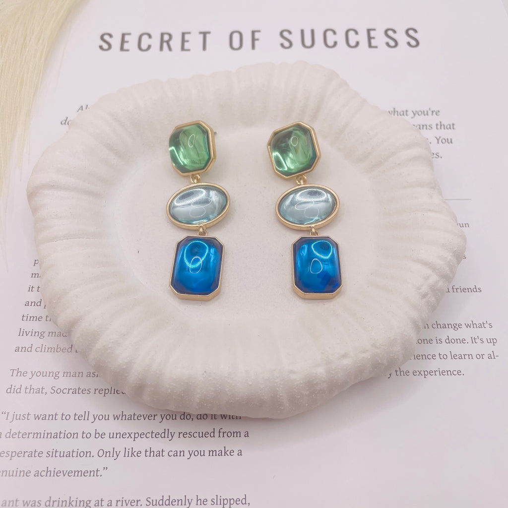 JI JOYA VENTA AL POR MAYOR|Set de Bisutería Vintage Dorada, Gargantilla y Aretes con Gemas en Tonos Azul Verde, Venta al Por Mayor Mayorista