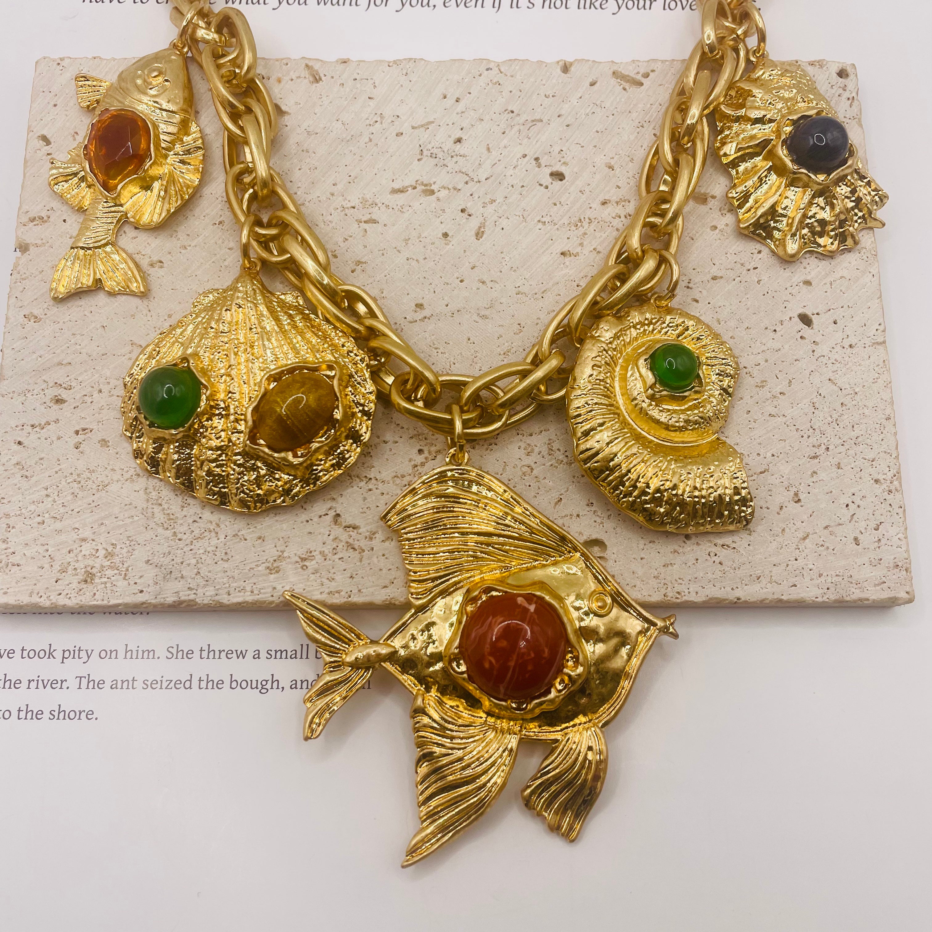 JI JEWELRY WHOLESALE,Vintage Fish and Shell Pendant Necklace and Earrings
